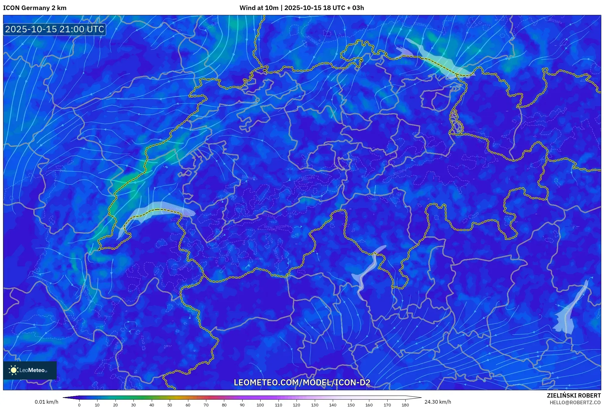 ICON Germany 2 km model - Switzerland, Wind at 10m ICON Germany 2 km model - Switzerland, Wind at 10m