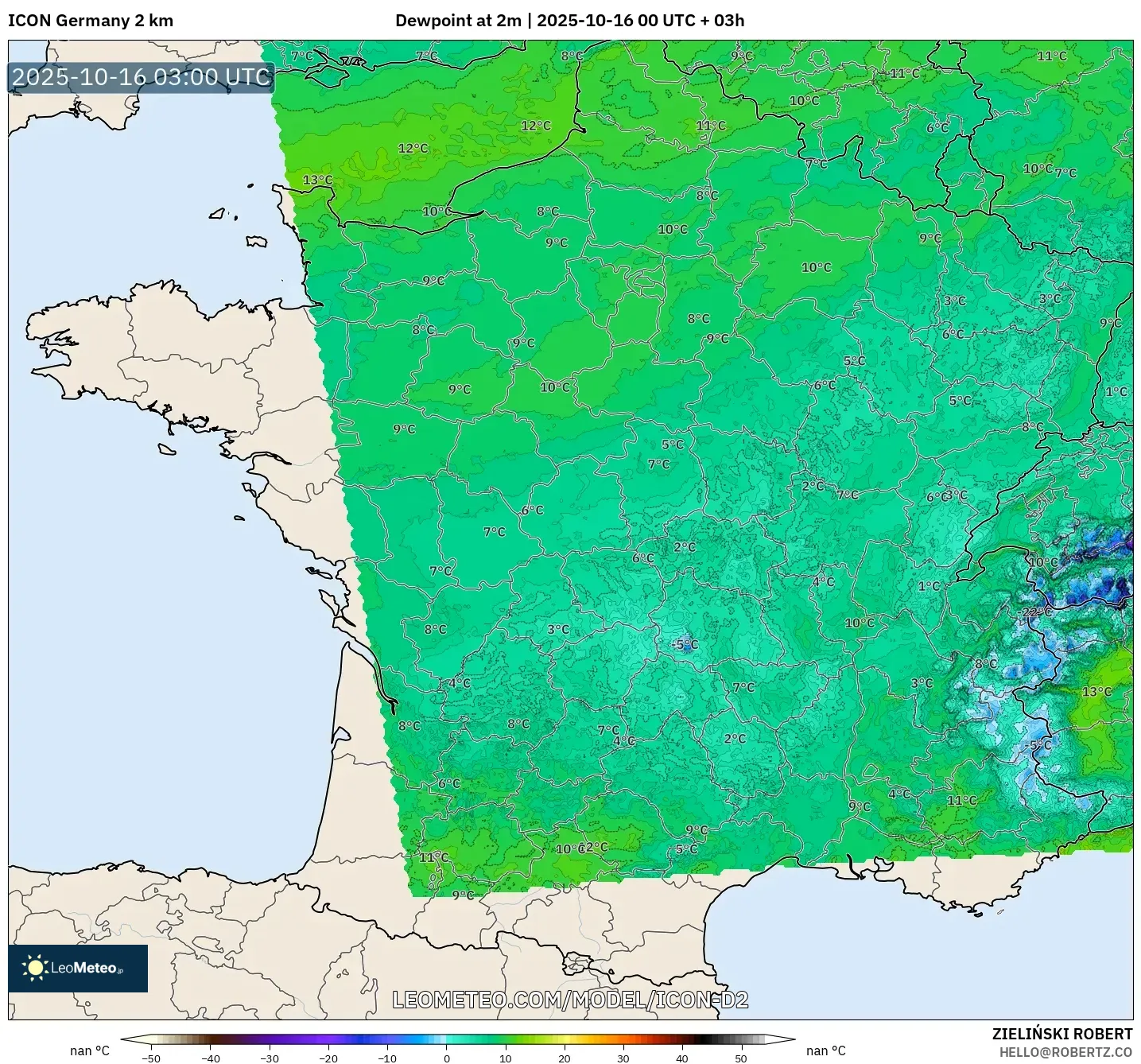 ICON Germany 2 km model - France, Dewpoint at 2m ICON Germany 2 km model - France, Dewpoint at 2m