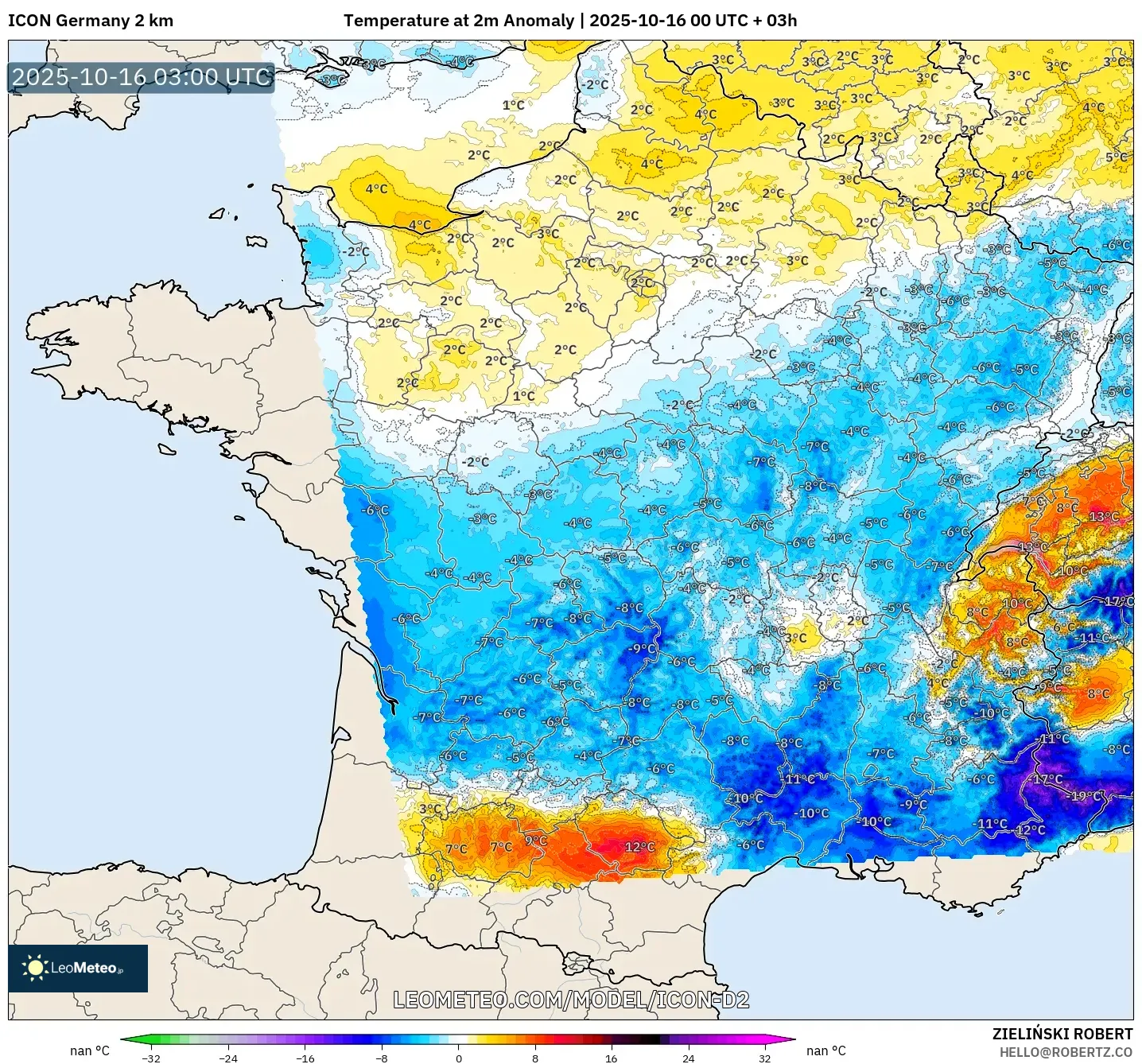 ICON Germany 2 km model - France, Temperature at 2m Anomaly ICON Germany 2 km model - France, Temperature at 2m Anomaly