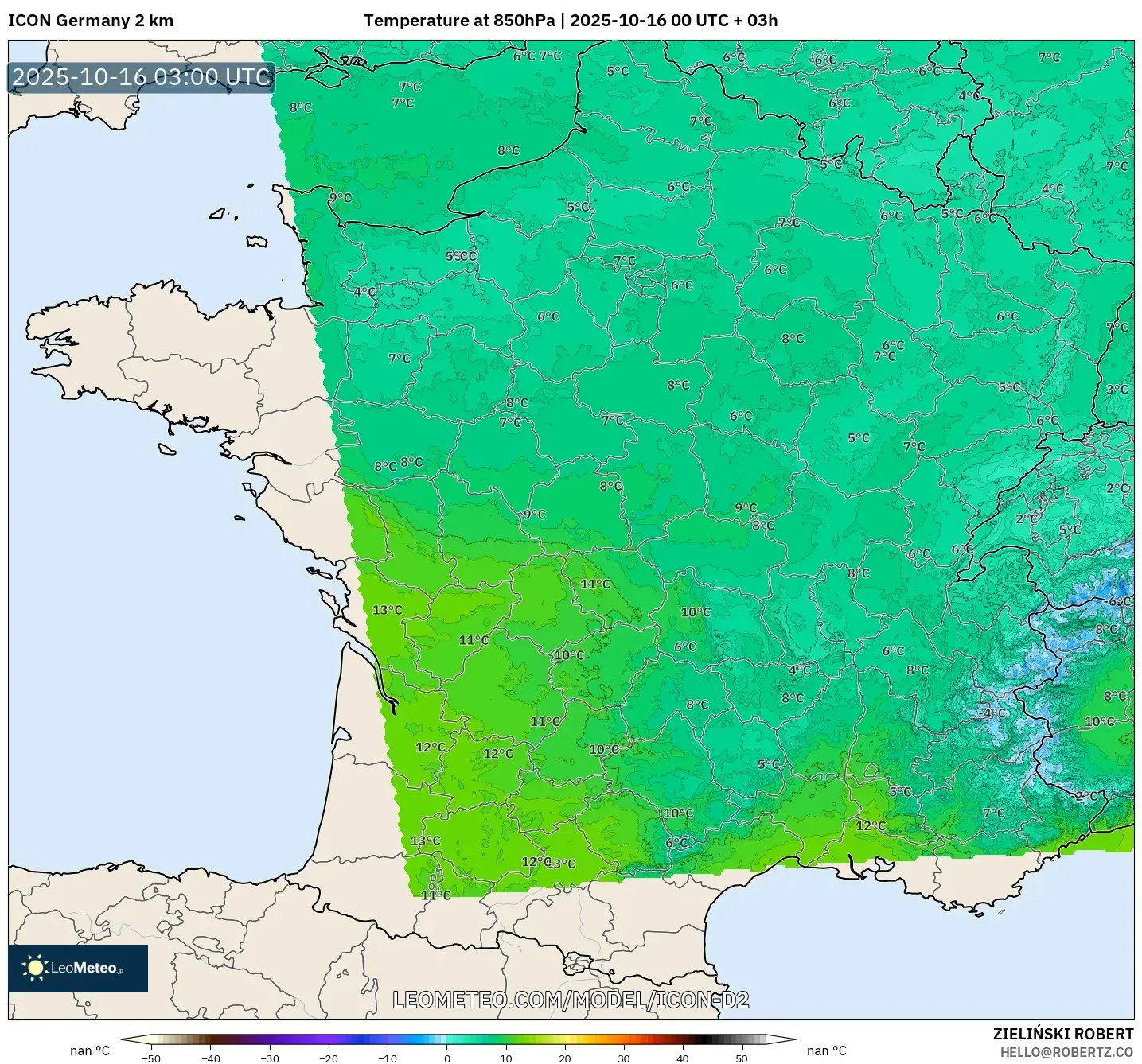 ICON Germany 2 km model - France, Temperature at 850hPa ICON Germany 2 km model - France, Temperature at 850hPa