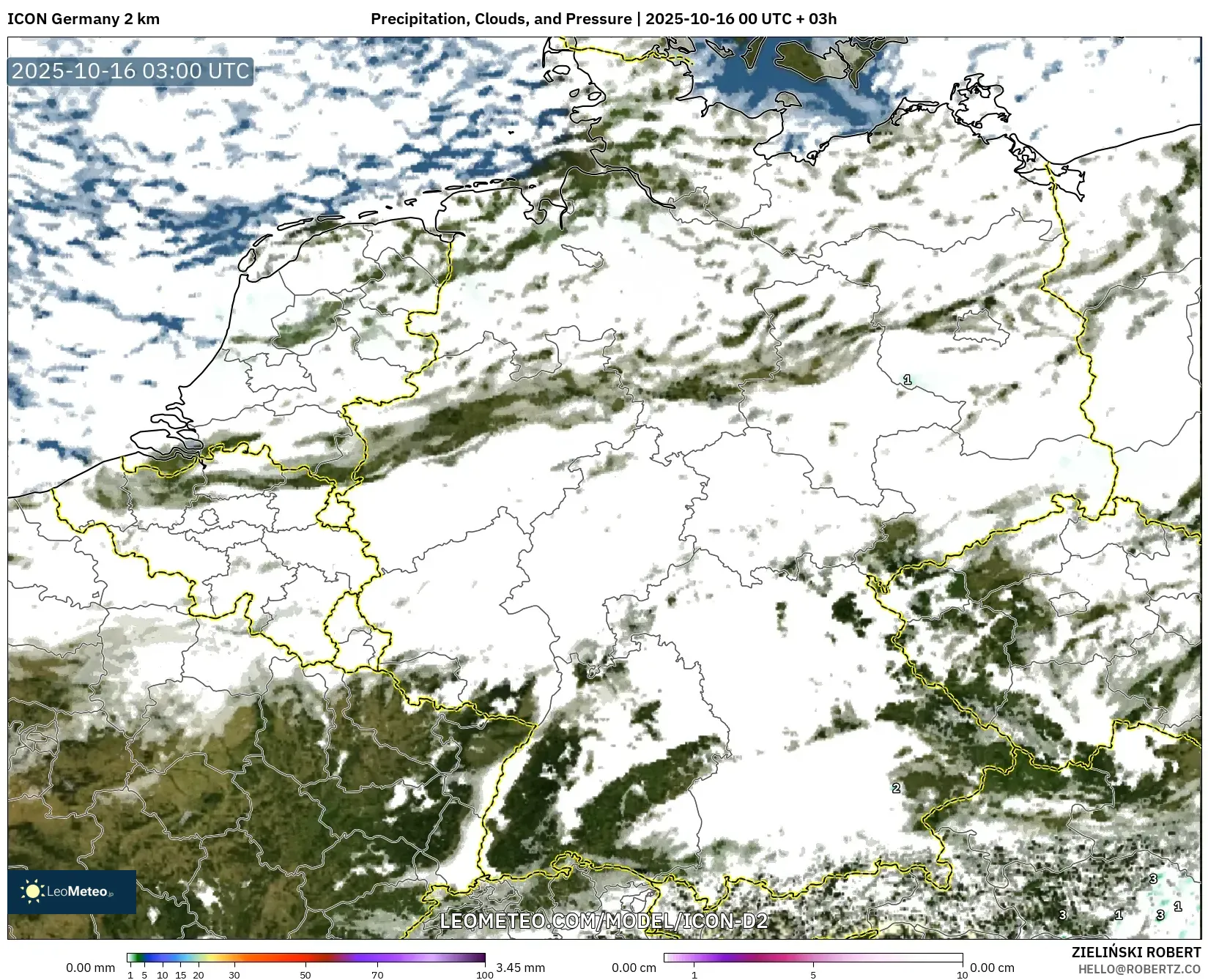 ICON Germany 2 km model - Germany, Precipitation, Clouds, and Pressure ICON Germany 2 km model - Germany, Precipitation, Clouds, and Pressure
