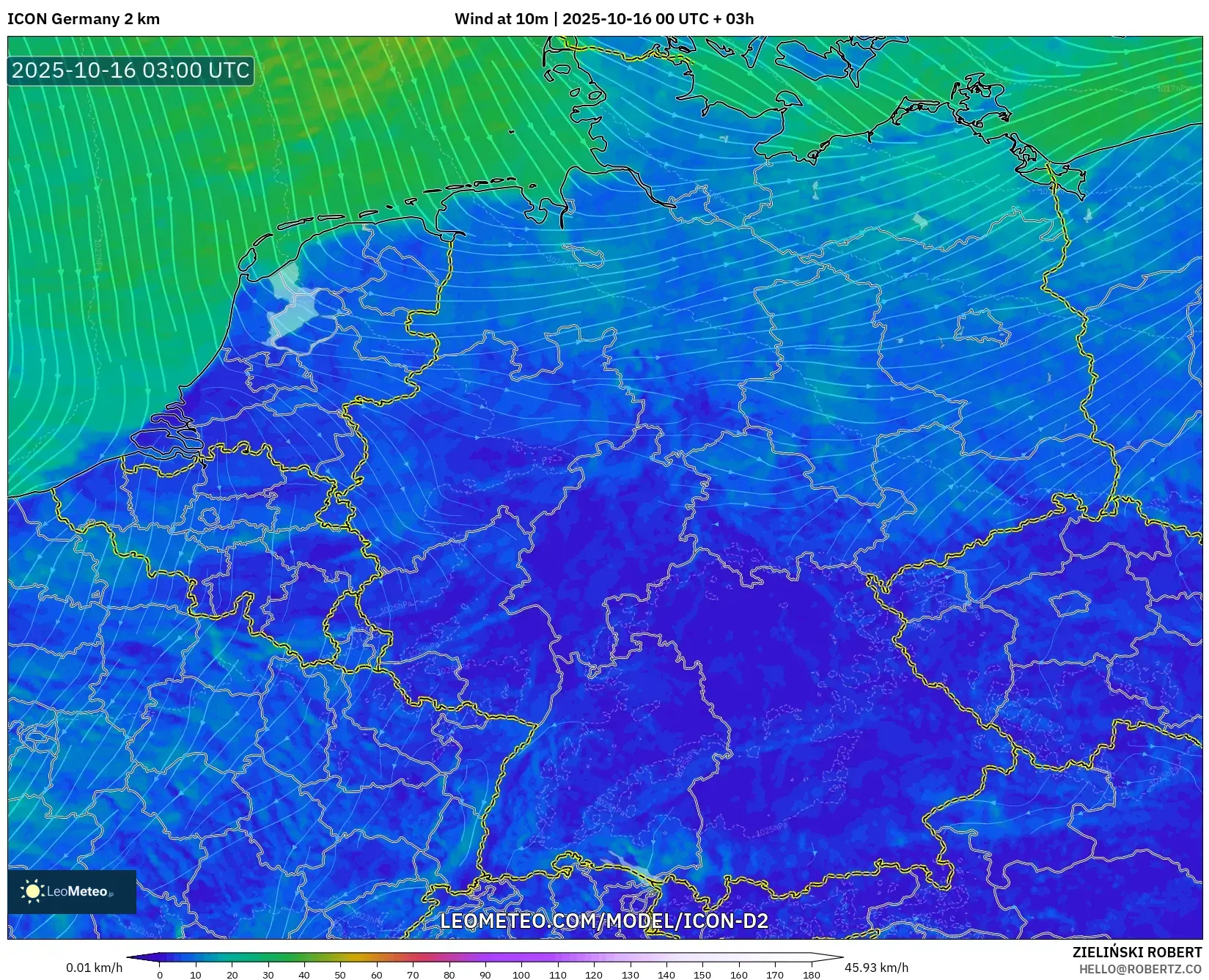 ICON Germany 2 km model - Germany, Wind at 10m ICON Germany 2 km model - Germany, Wind at 10m