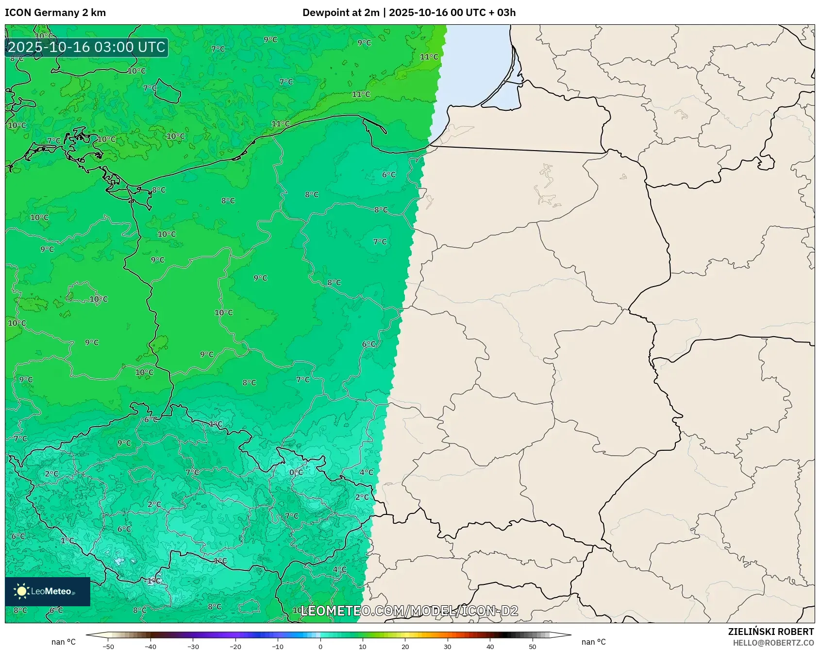 ICON Germany 2 km model - Poland, Dewpoint at 2m ICON Germany 2 km model - Poland, Dewpoint at 2m