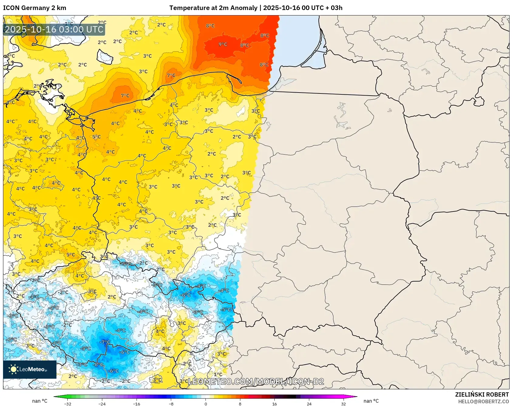 ICON Germany 2 km model - Poland, Temperature at 2m Anomaly ICON Germany 2 km model - Poland, Temperature at 2m Anomaly