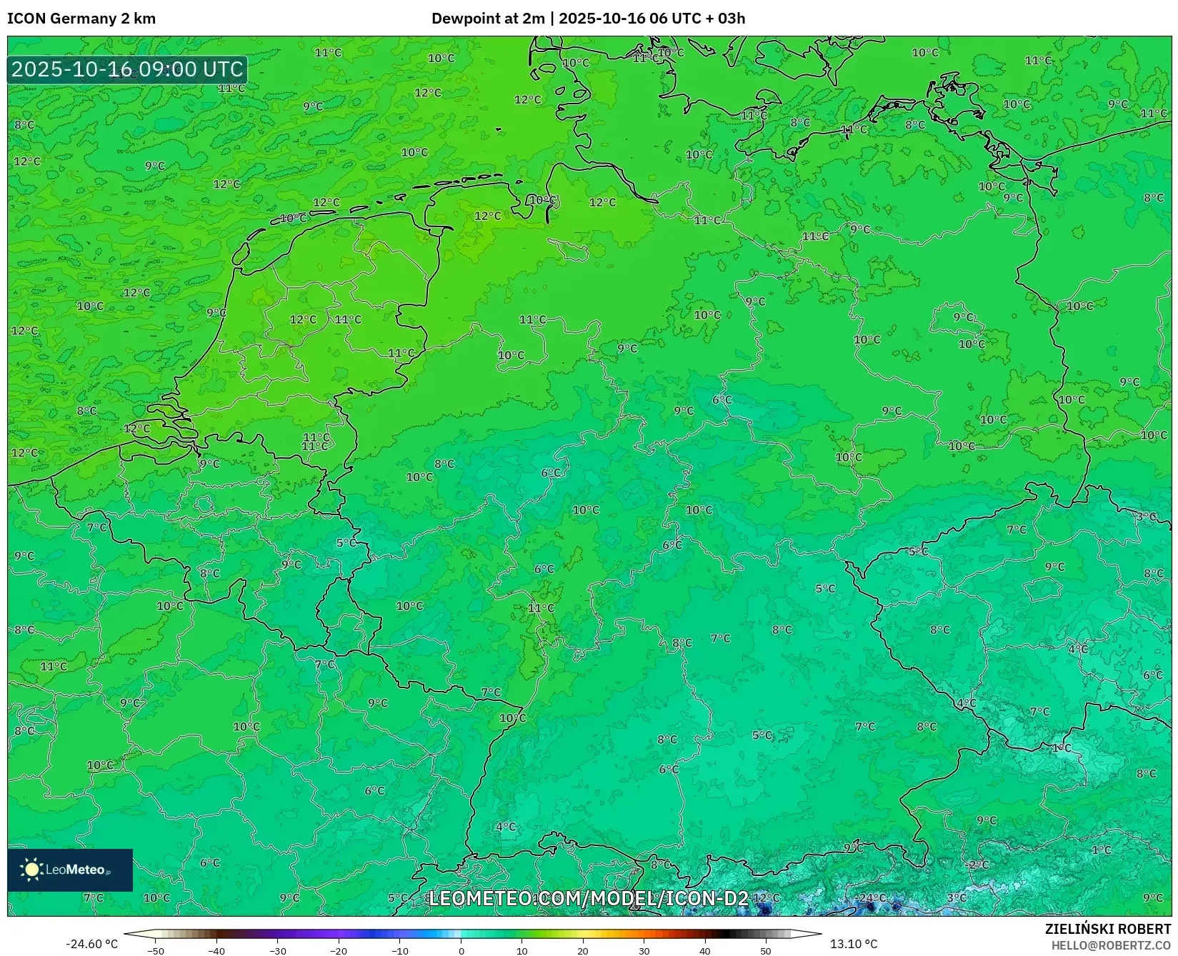 ICON Germany 2 km model - Germany, Dewpoint at 2m ICON Germany 2 km model - Germany, Dewpoint at 2m