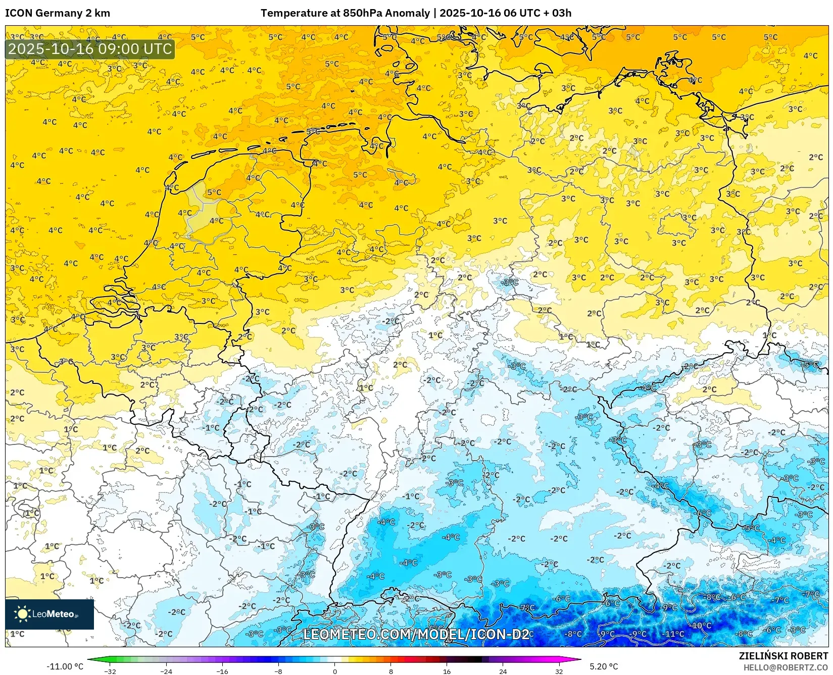 ICON Germany 2 km model - Germany, Temperature at 850hPa Anomaly ICON Germany 2 km model - Germany, Temperature at 850hPa Anomaly