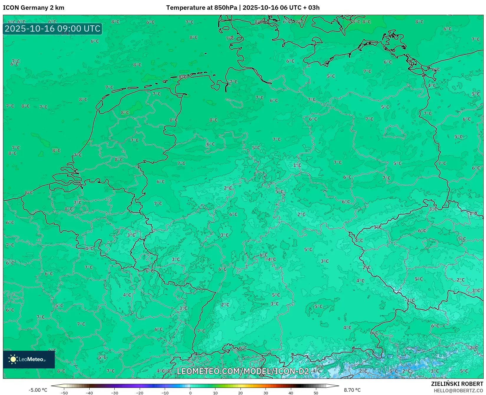 ICON Germany 2 km model - Germany, Temperature at 850hPa ICON Germany 2 km model - Germany, Temperature at 850hPa