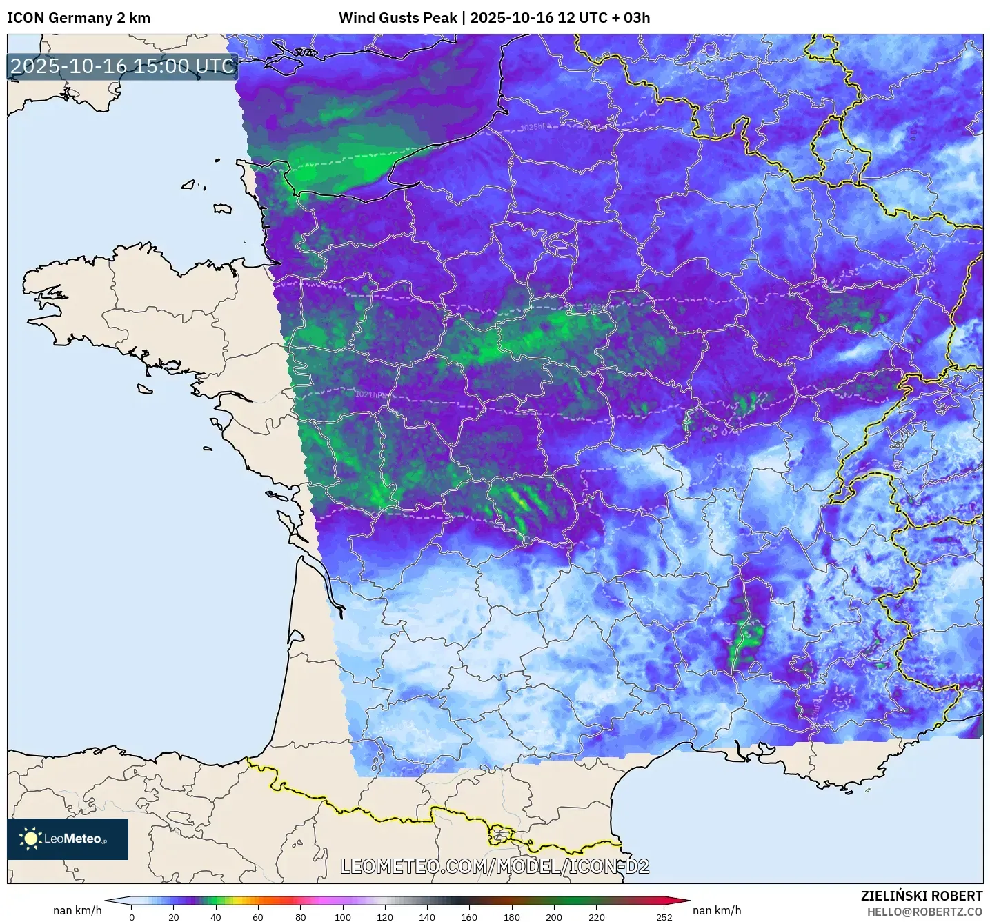 ICON Germany 2 km model - France, Wind Gusts Peak ICON Germany 2 km model - France, Wind Gusts Peak
