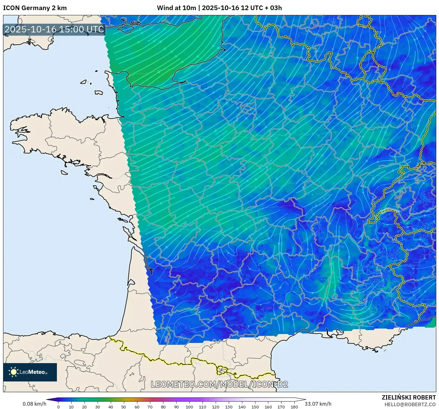 ICON Germany 2 km model - France, Wind at 10m ICON Germany 2 km model - France, Wind at 10m
