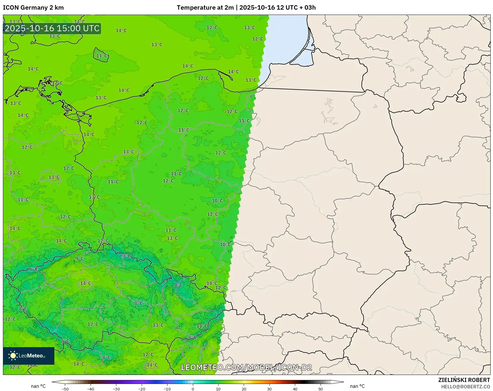 ICON Germany 2 km model - Poland, Temperature at 2m ICON Germany 2 km model - Poland, Temperature at 2m
