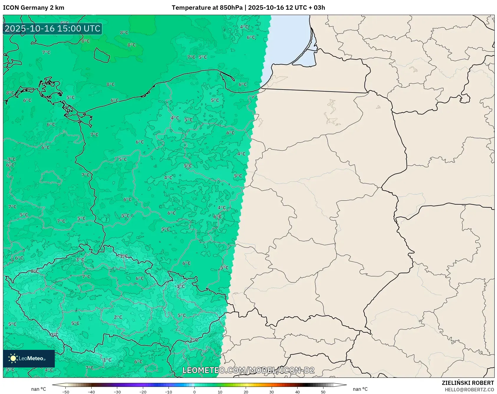 ICON Germany 2 km model - Poland, Temperature at 850hPa ICON Germany 2 km model - Poland, Temperature at 850hPa