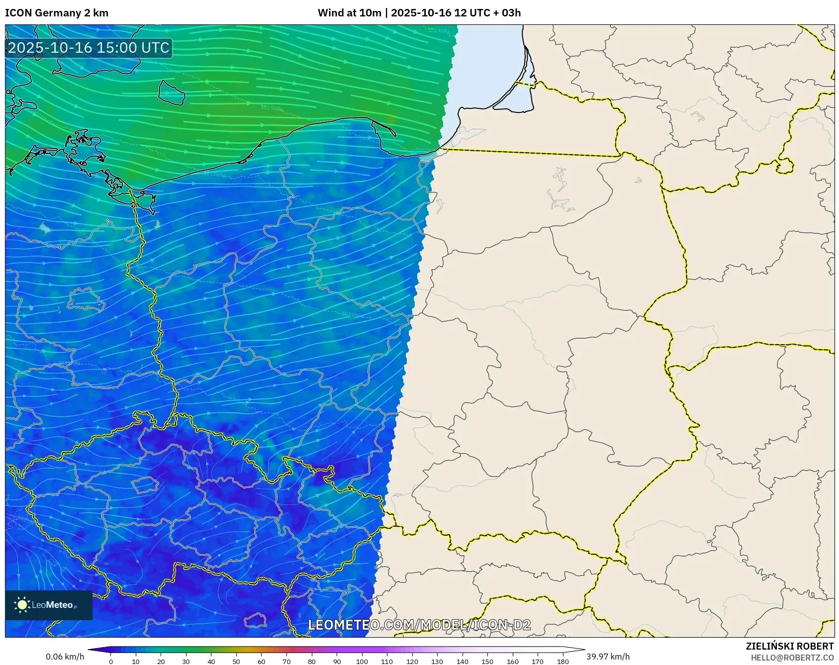 ICON Germany 2 km model - Poland, Wind at 10m ICON Germany 2 km model - Poland, Wind at 10m