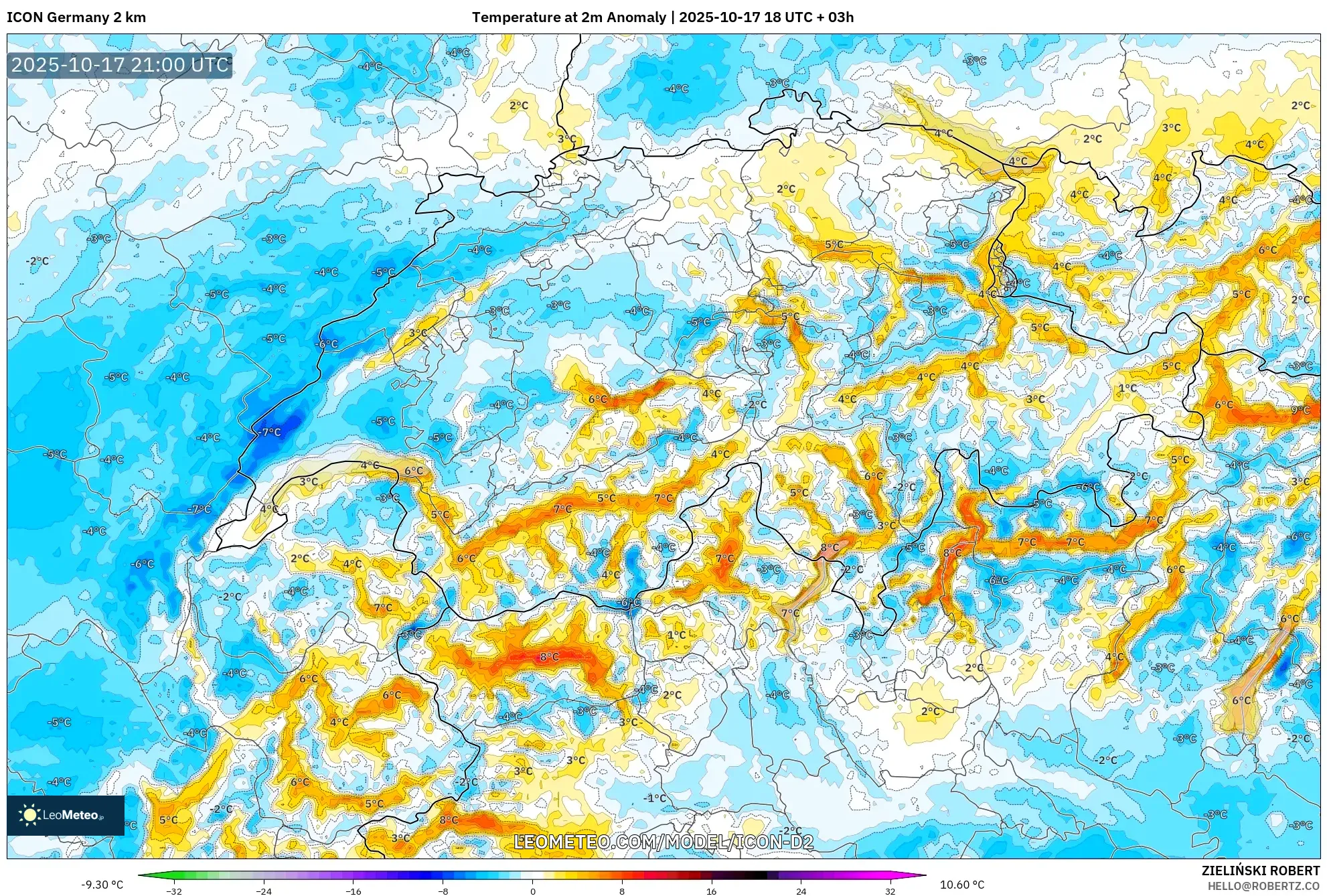 ICON Germany 2 km model - Switzerland, Temperature at 2m Anomaly ICON Germany 2 km model - Switzerland, Temperature at 2m Anomaly