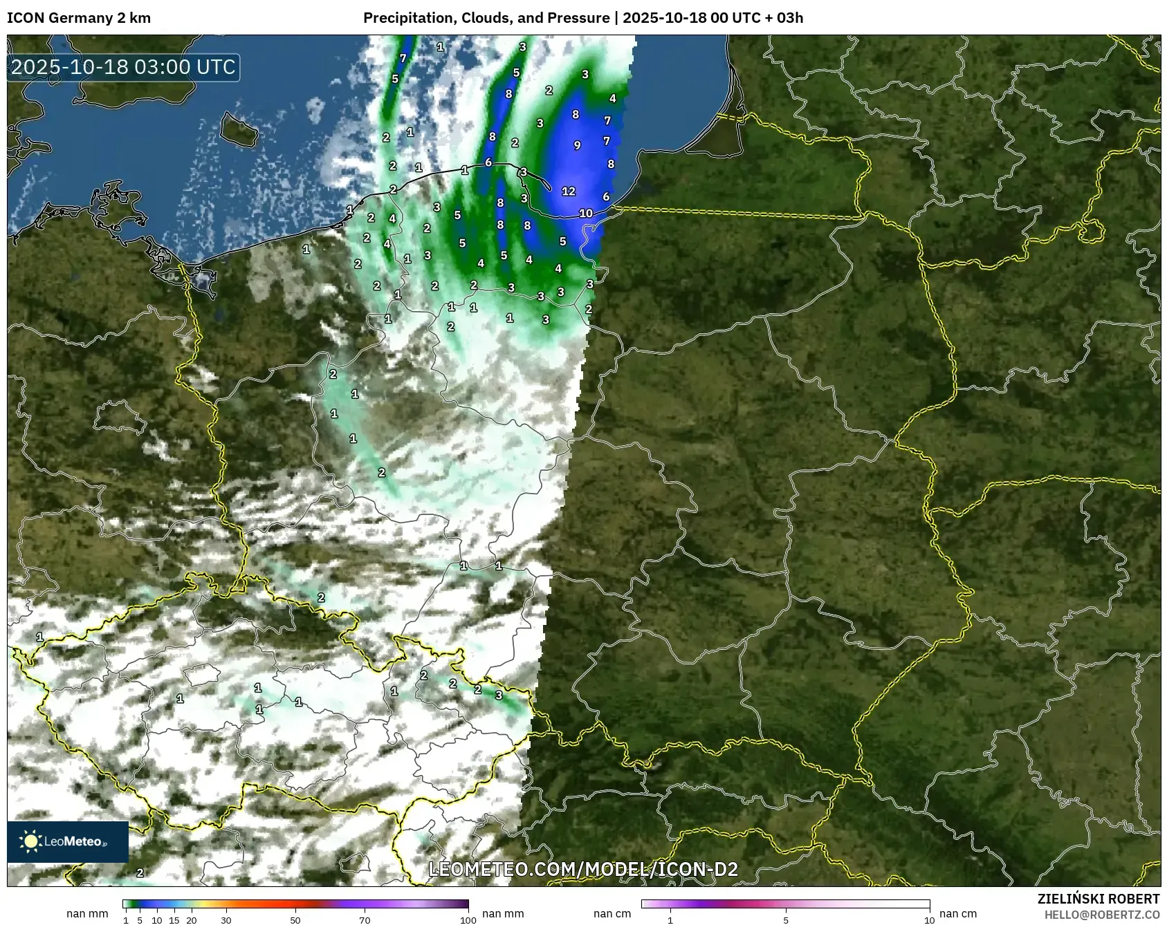 ICON Germany 2 km model - Poland, Precipitation, Clouds, and Pressure ICON Germany 2 km model - Poland, Precipitation, Clouds, and Pressure