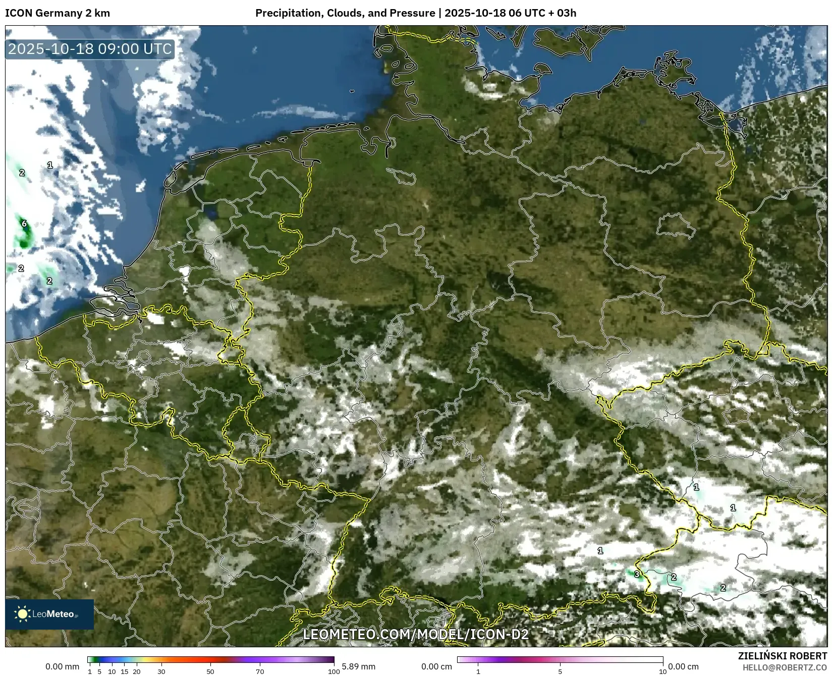 ICON Germany 2 km model - Germany, Precipitation, Clouds, and Pressure ICON Germany 2 km model - Germany, Precipitation, Clouds, and Pressure
