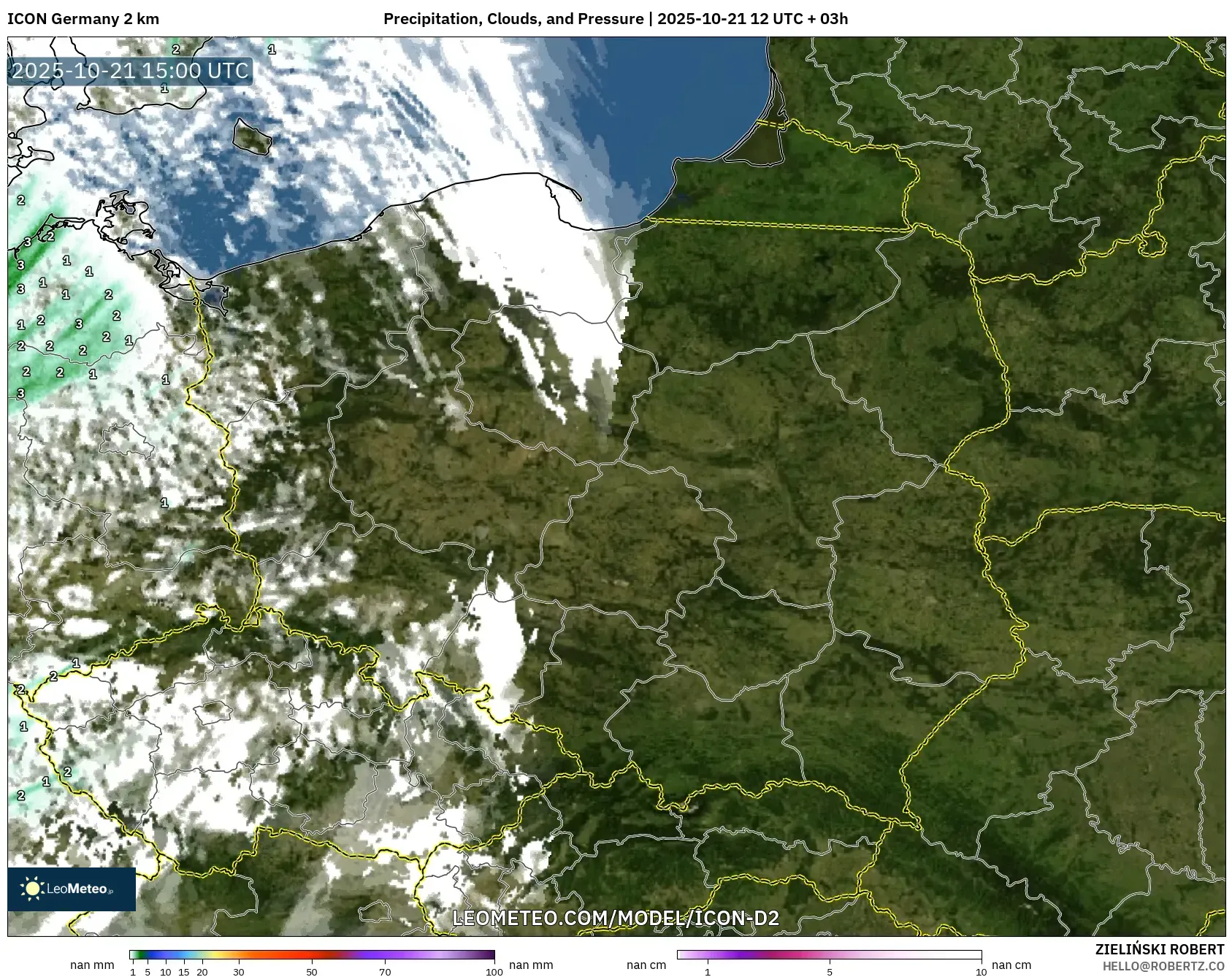 ICON Germany 2 km model - Poland, Precipitation, Clouds, and Pressure ICON Germany 2 km model - Poland, Precipitation, Clouds, and Pressure