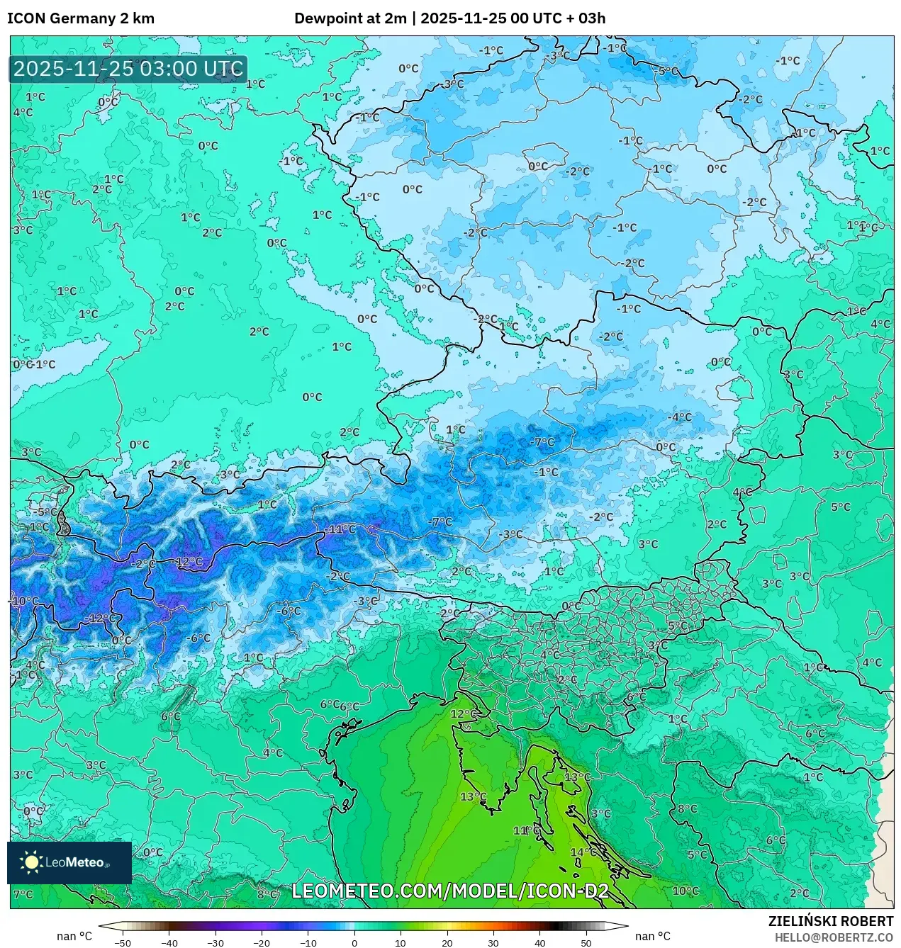ICON Germany 2 km model - Austria, Dewpoint at 2m