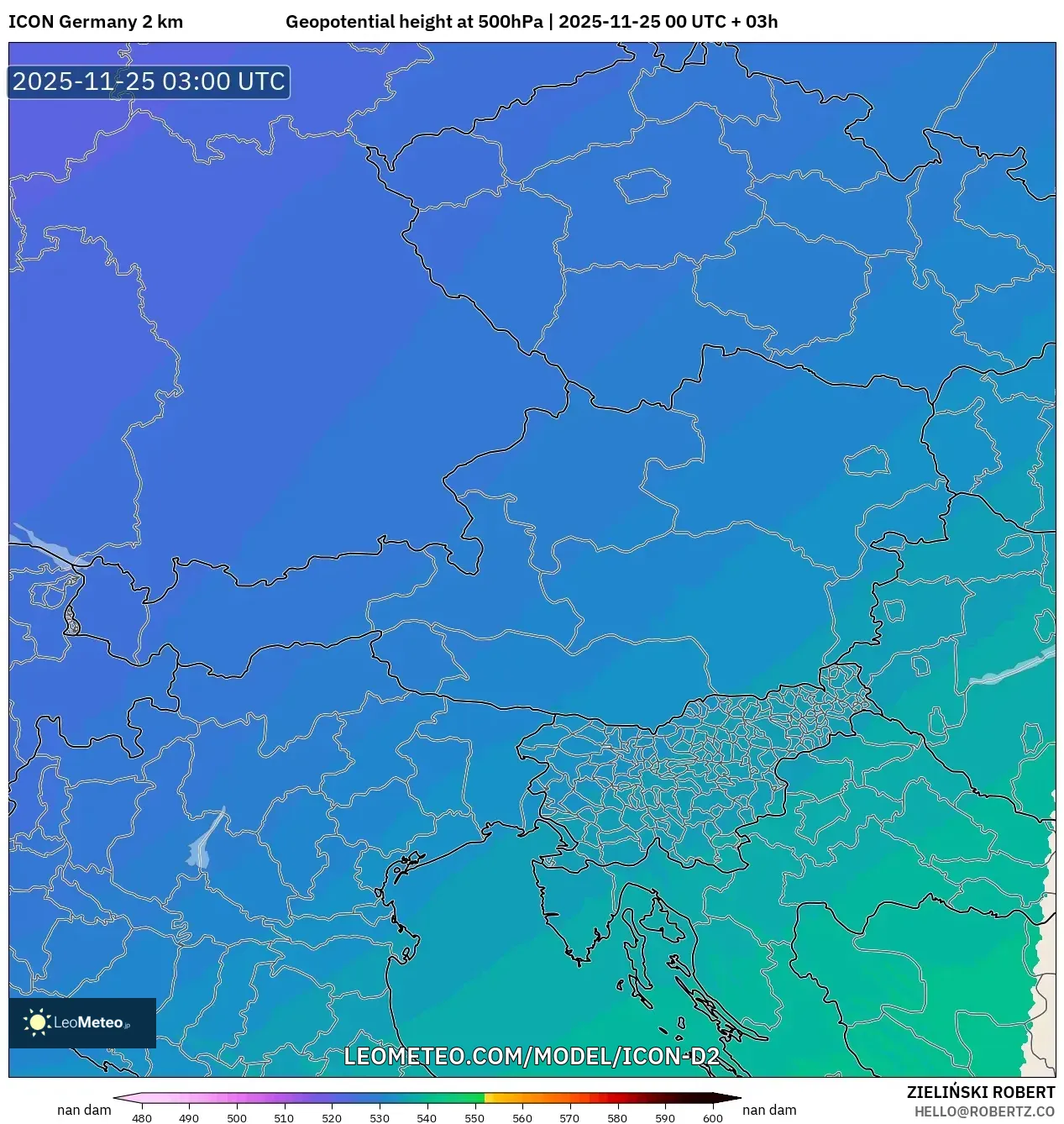 ICON Germany 2 km model - Austria, Geopotential height at 500hPa