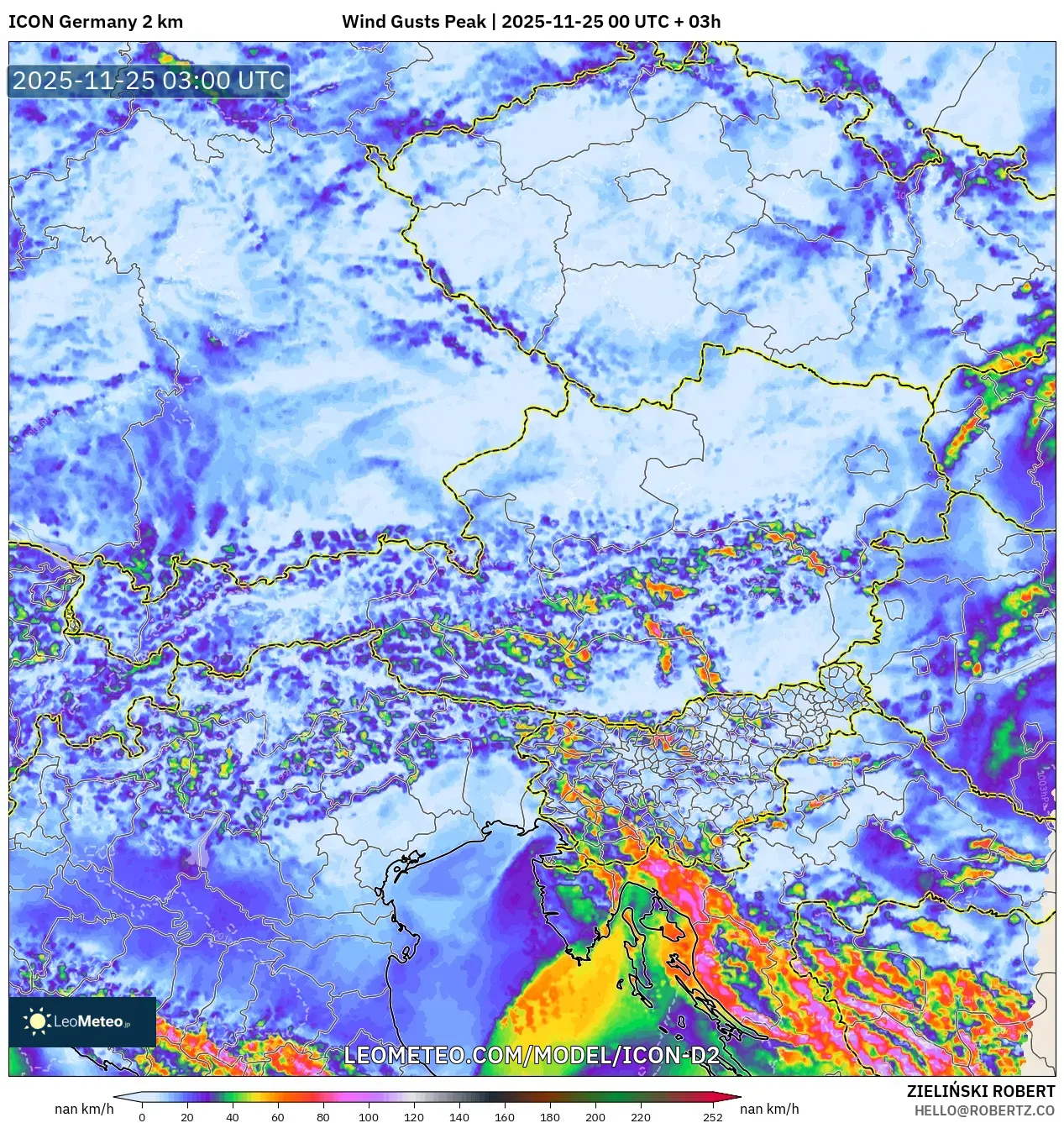 ICON Germany 2 km model - Austria, Wind Gusts Peak