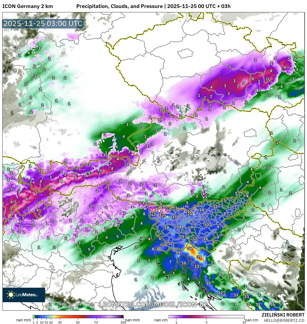 ICON Germany 2 km model - Austria, Precipitation, Clouds, and Pressure