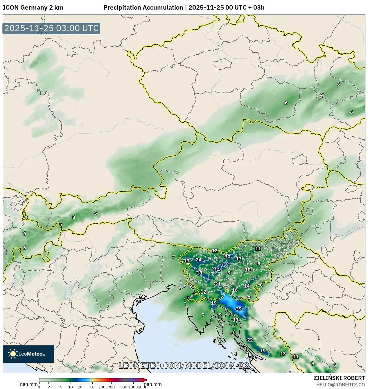 ICON Germany 2 km model - Austria, Precipitation Accumulation