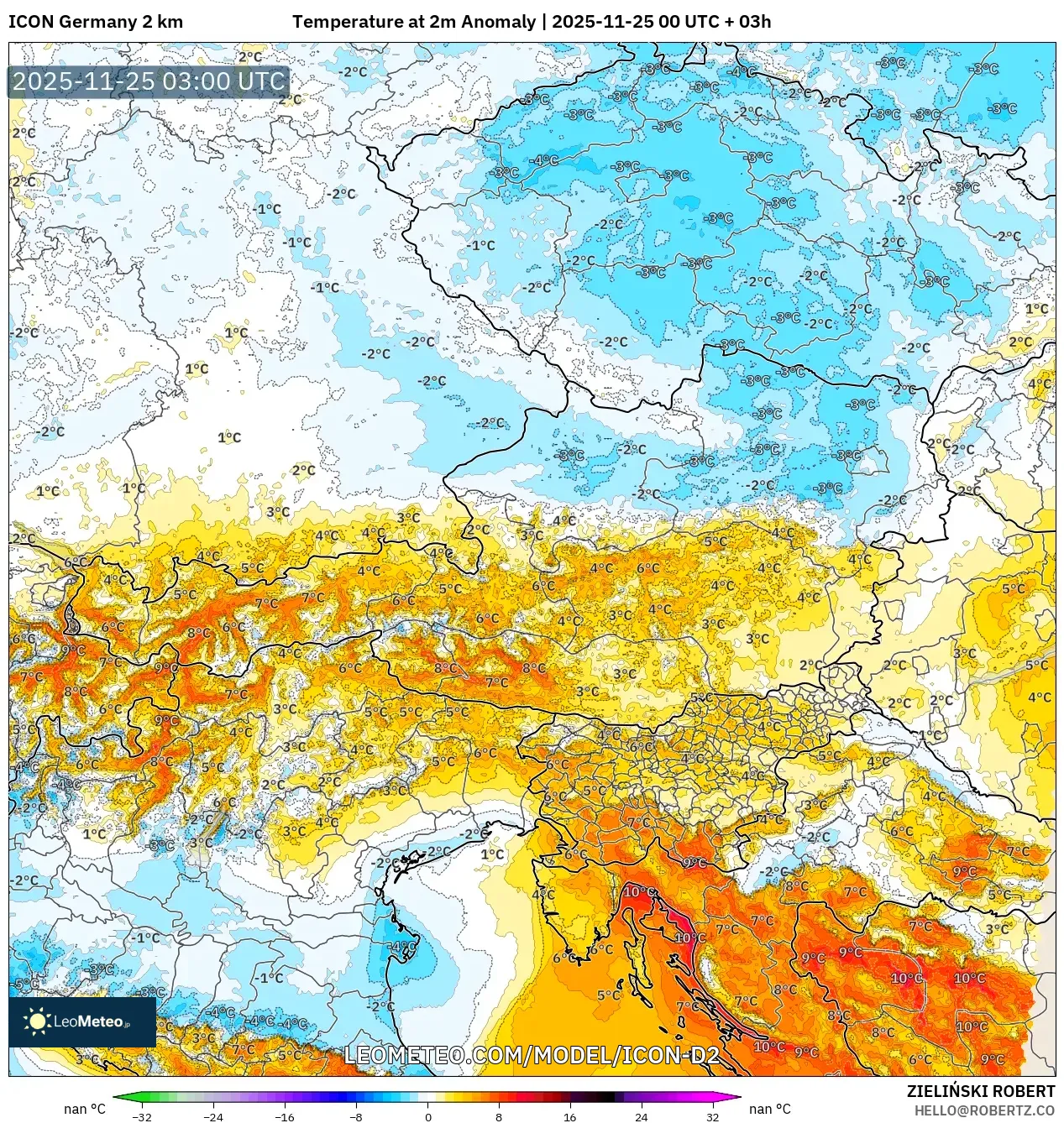 ICON Germany 2 km model - Austria, Temperature at 2m Anomaly