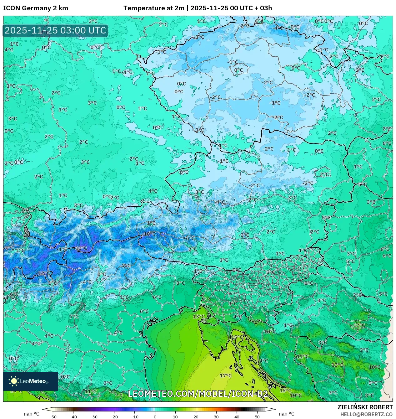 ICON Germany 2 km model - Austria, Temperature at 2m