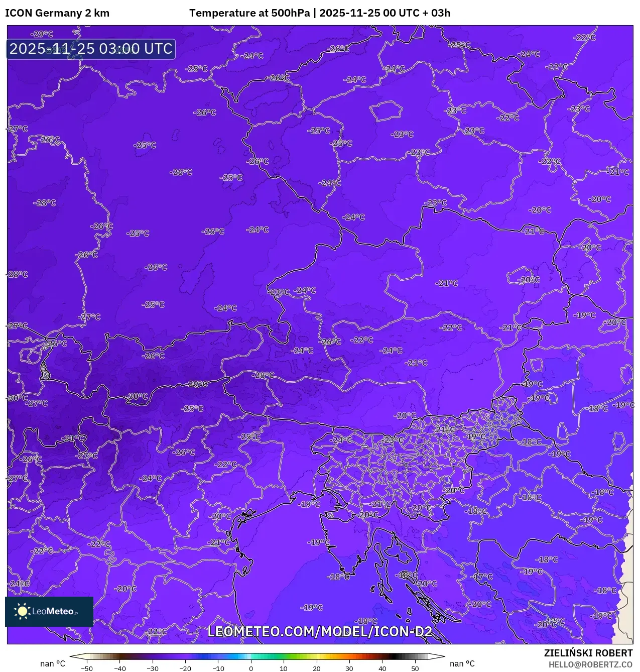 ICON Germany 2 km model - Austria, Temperature at 500hPa