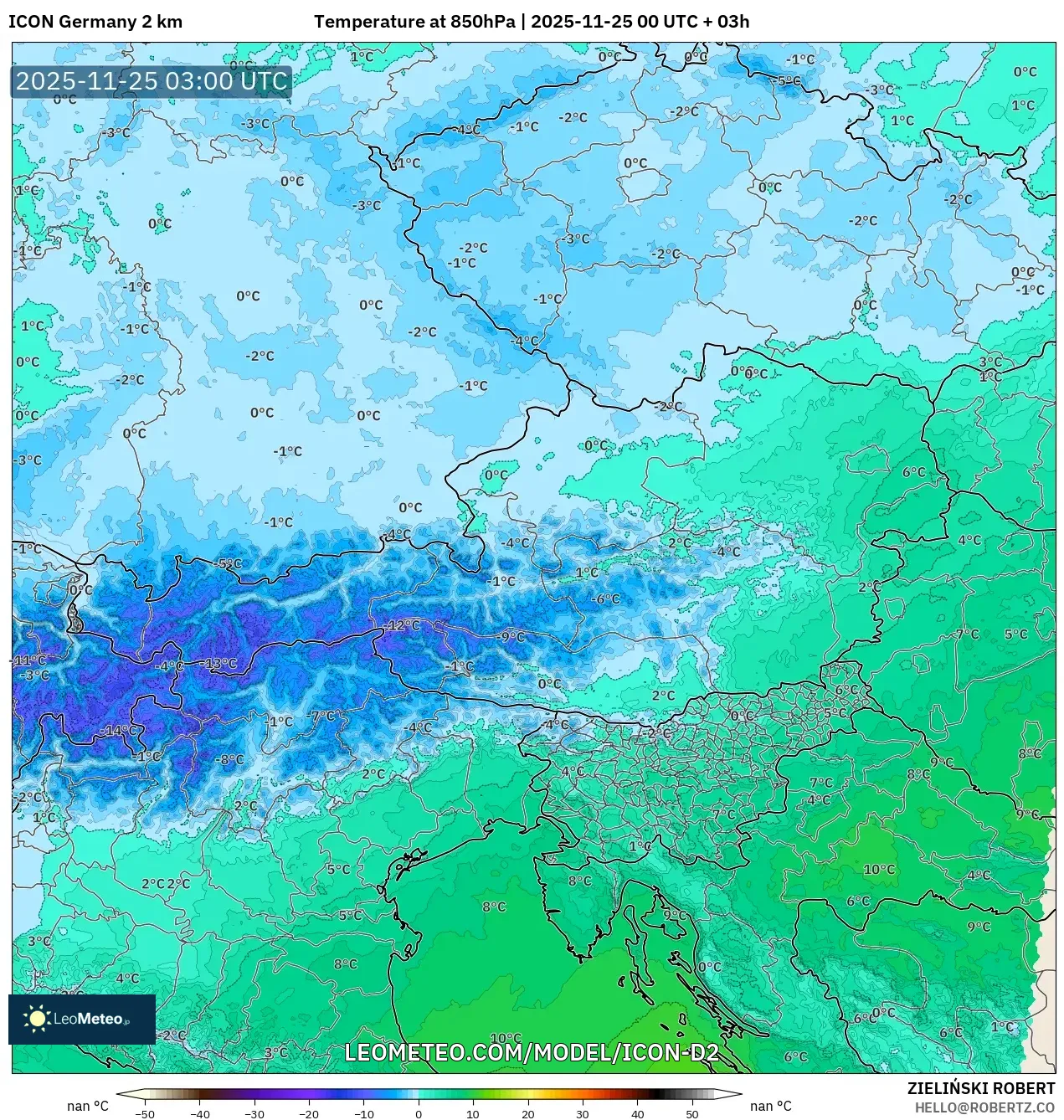 ICON Germany 2 km model - Austria, Temperature at 850hPa