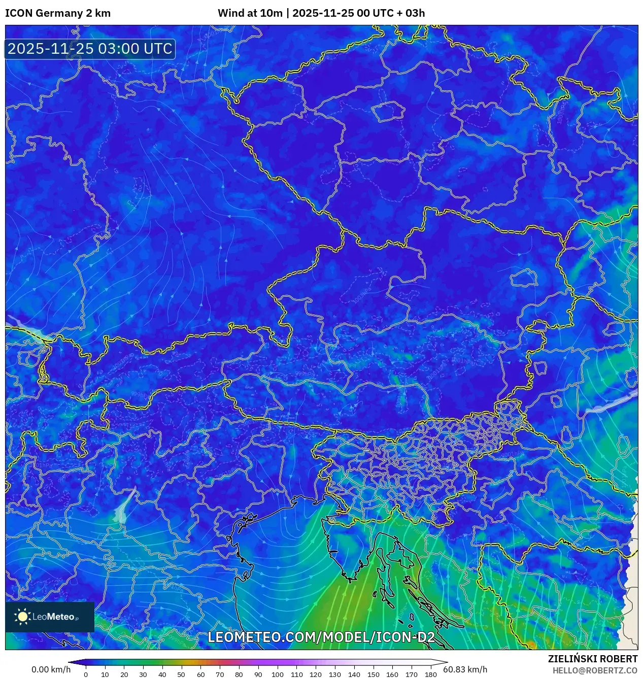 ICON Germany 2 km model - Austria, Wind at 10m