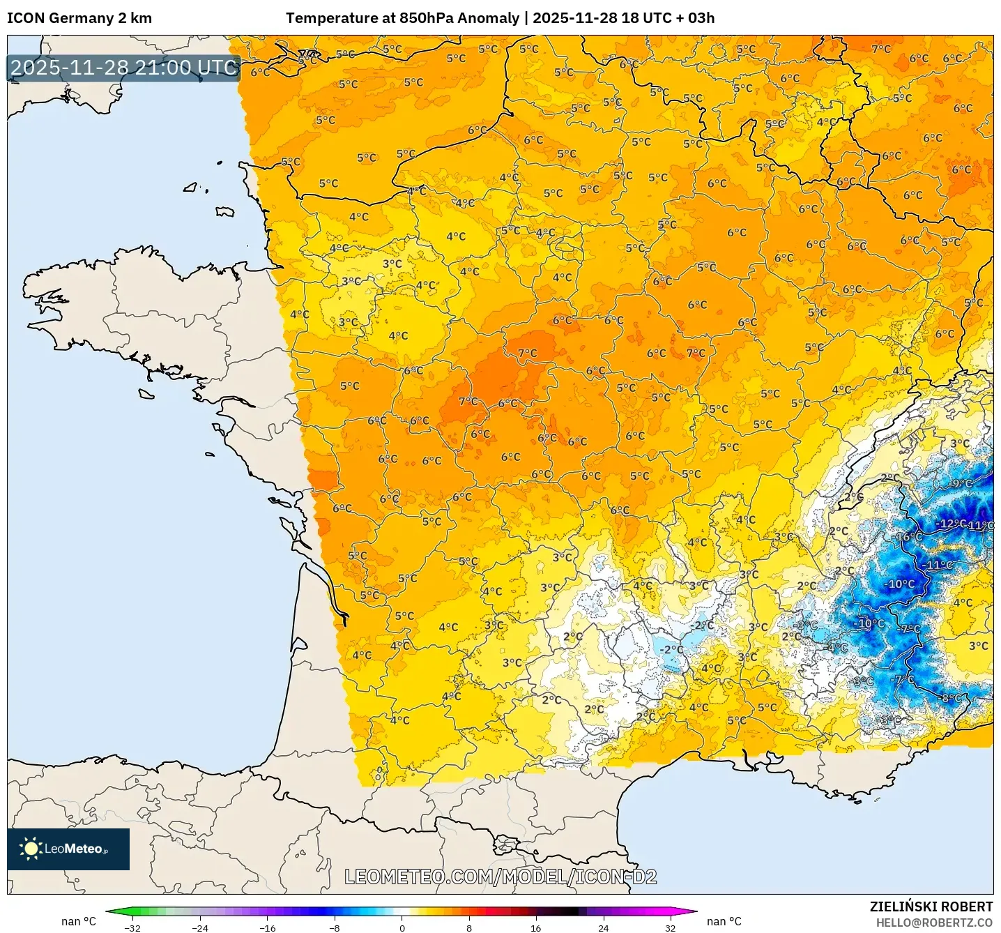ICON Germany 2 km model - France, Temperature at 850hPa Anomaly