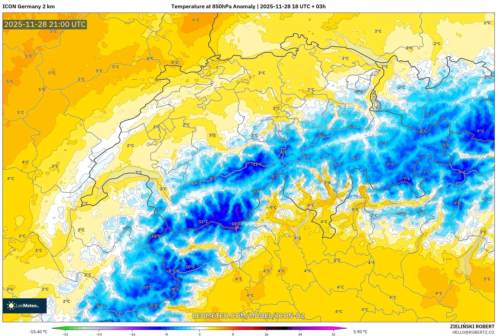 ICON Germany 2 km model - Switzerland, Temperature at 850hPa Anomaly