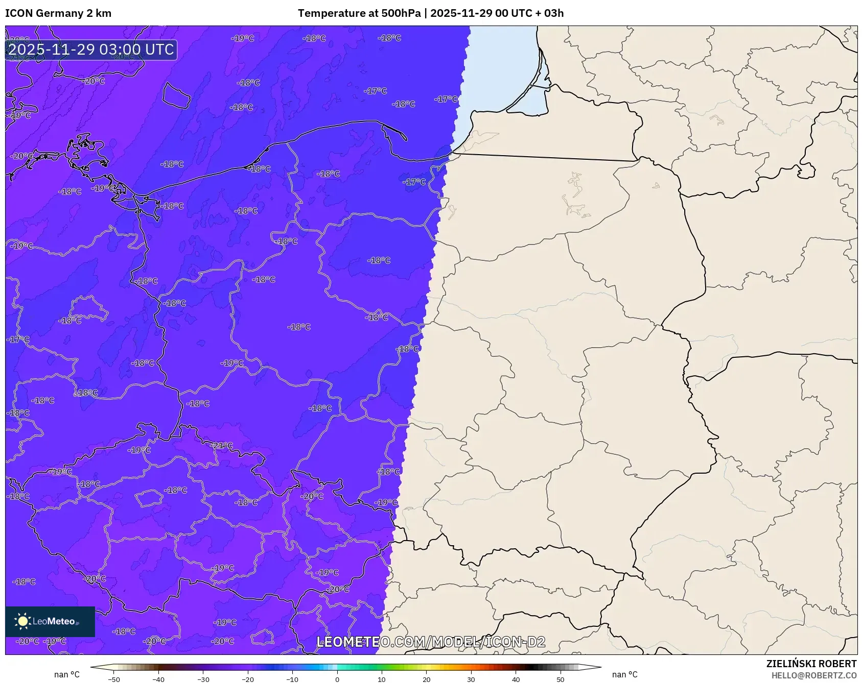 ICON Germany 2 km model - Poland, Temperature at 500hPa