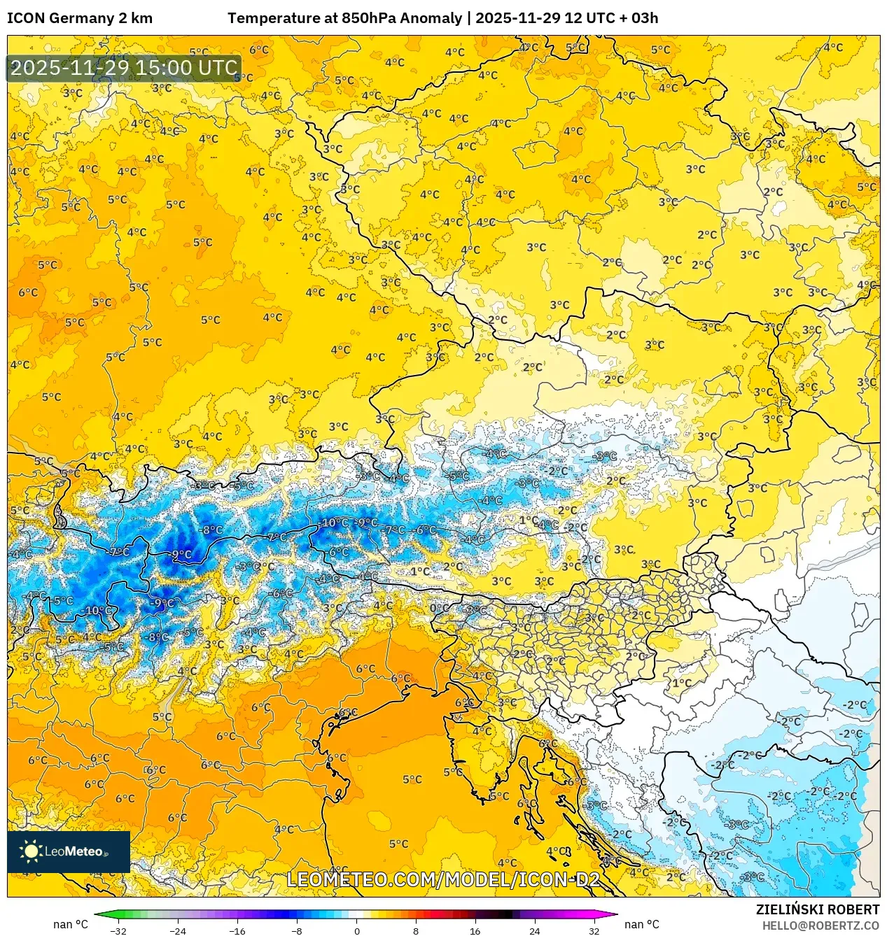 ICON Germany 2 km model - Austria, Temperature at 850hPa Anomaly