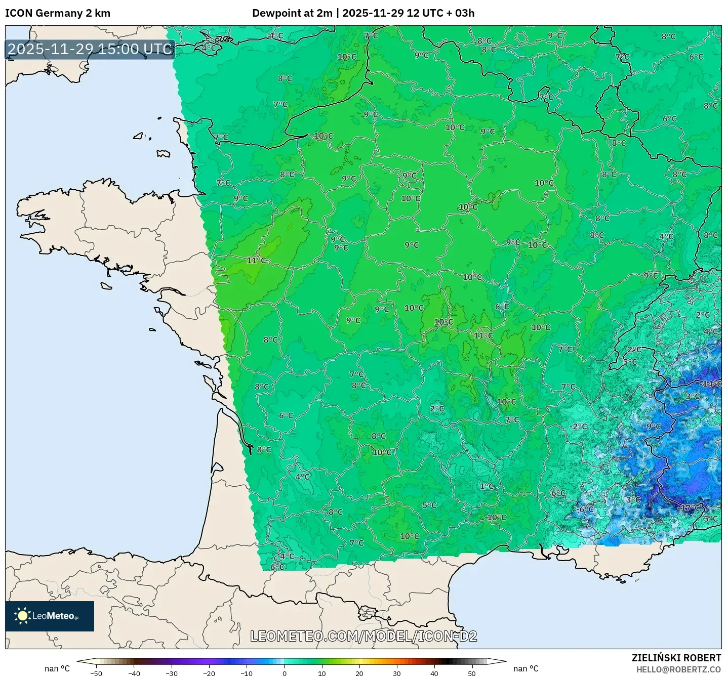 ICON Germany 2 km model - France, Dewpoint at 2m