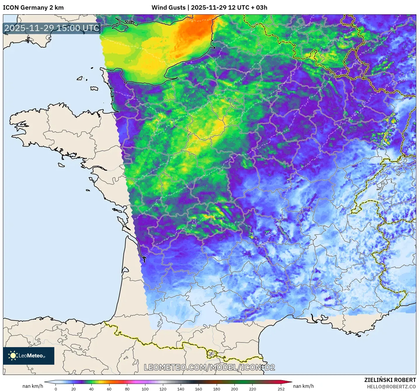 ICON Germany 2 km model - France, Wind Gusts