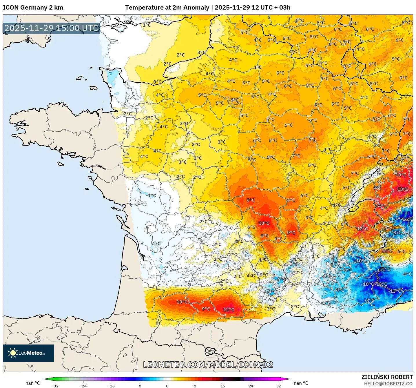 ICON Germany 2 km model - France, Temperature at 2m Anomaly