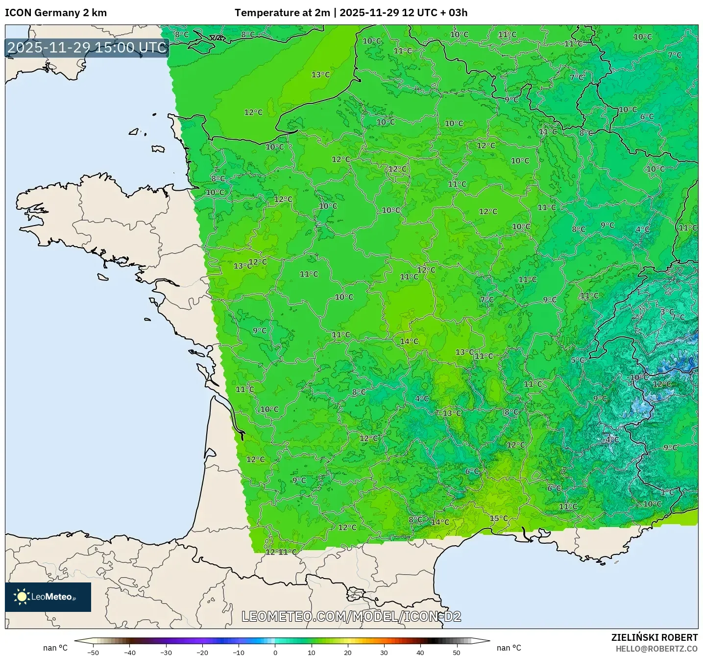 ICON Germany 2 km model - France, Temperature at 2m