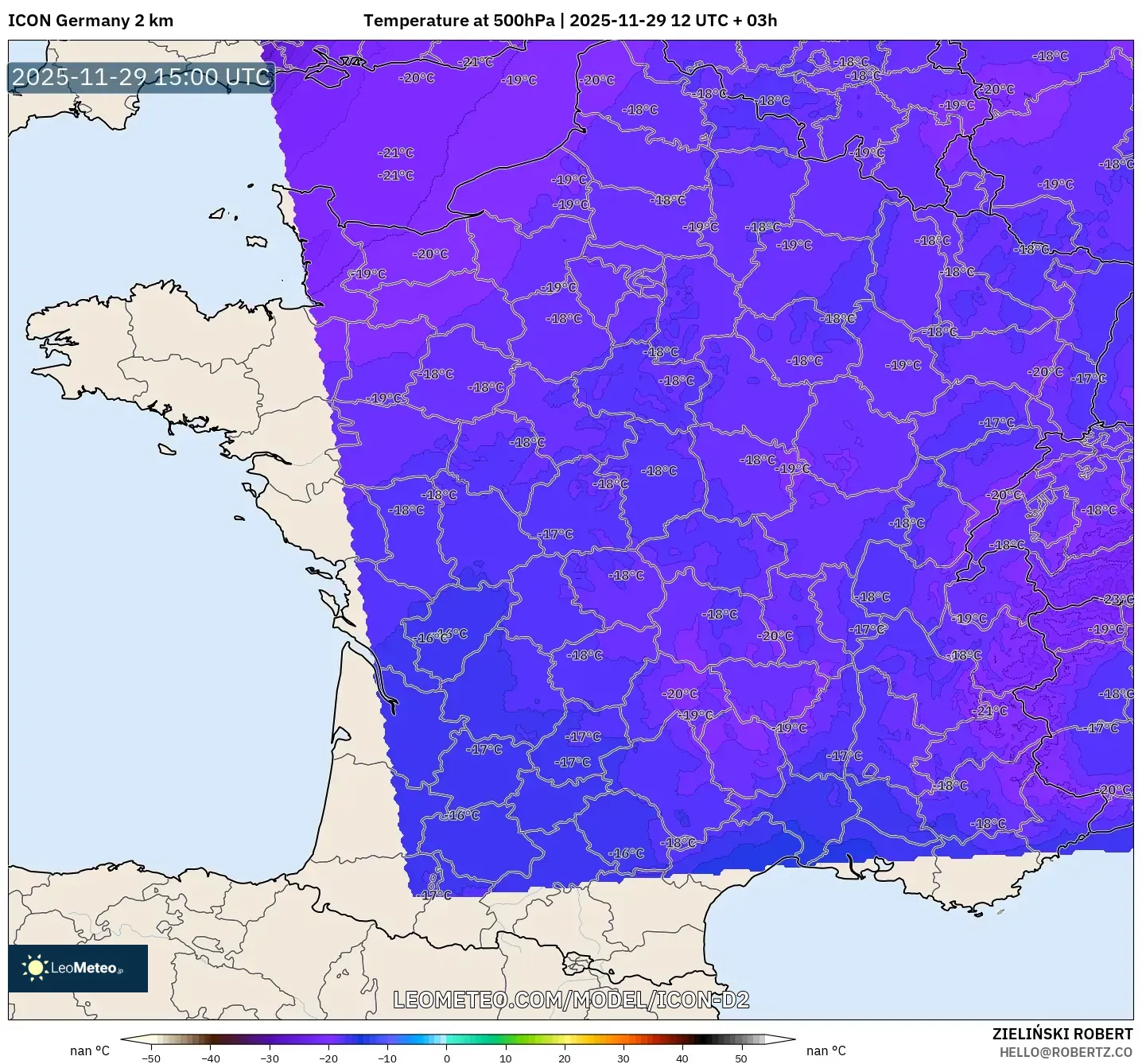 ICON Germany 2 km model - France, Temperature at 500hPa