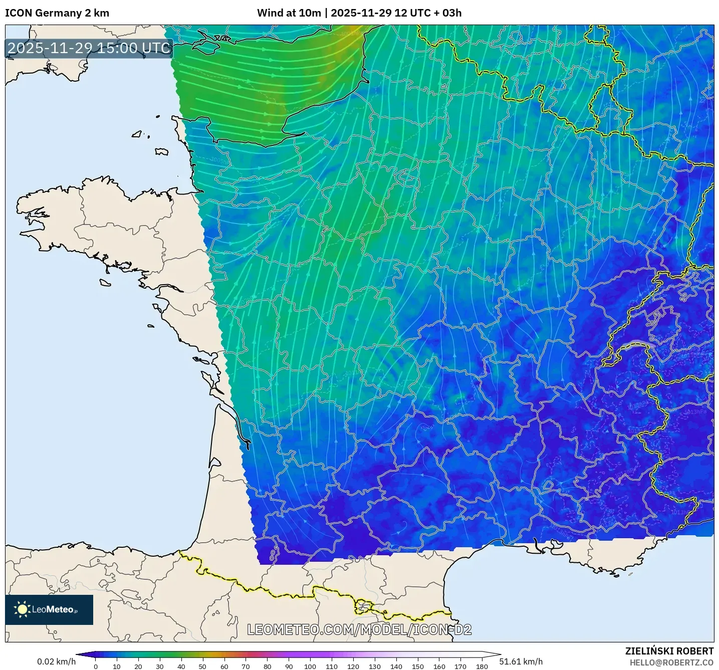 ICON Germany 2 km model - France, Wind at 10m