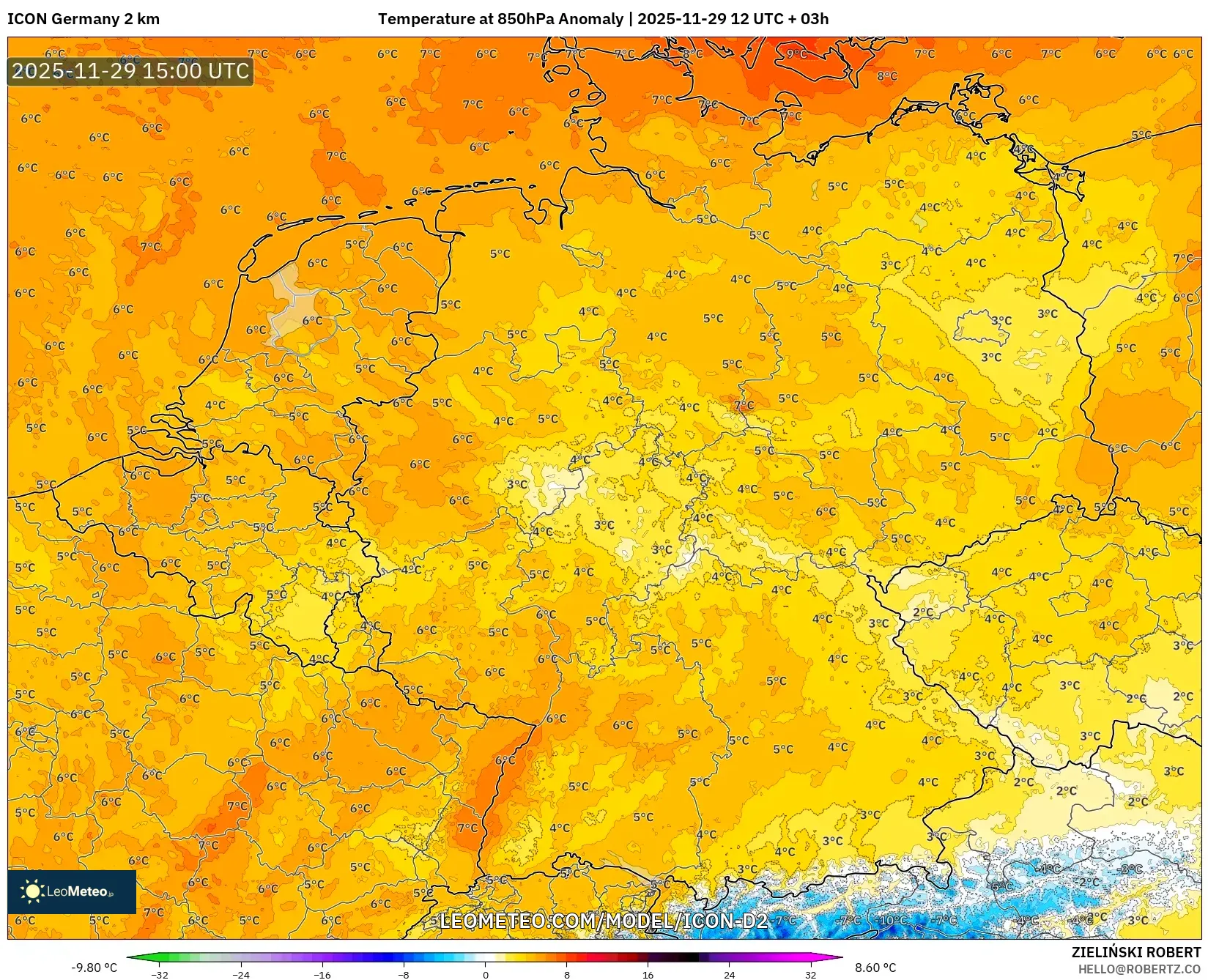 ICON Germany 2 km model - Germany, Temperature at 850hPa Anomaly