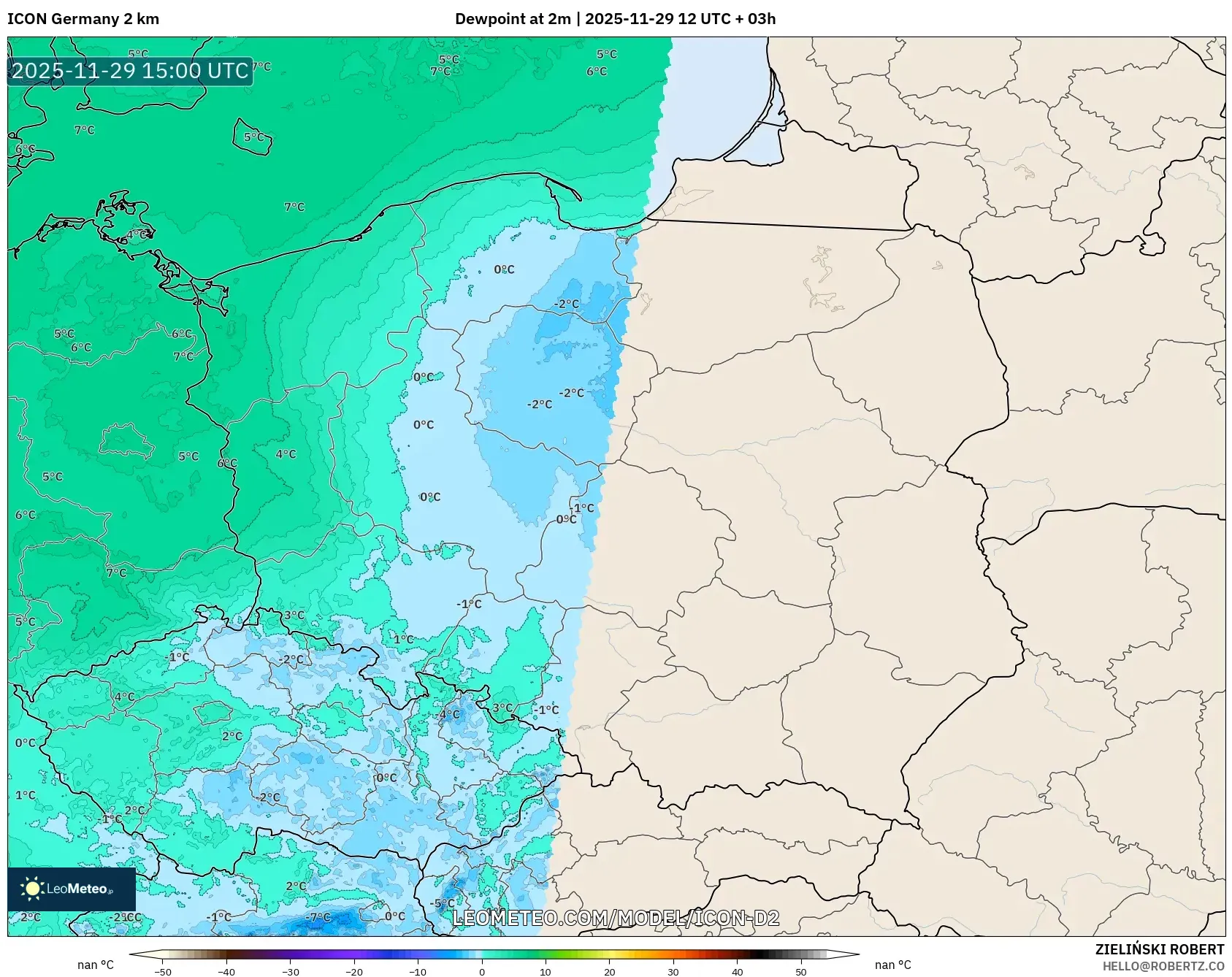 ICON Germany 2 km model - Poland, Dewpoint at 2m