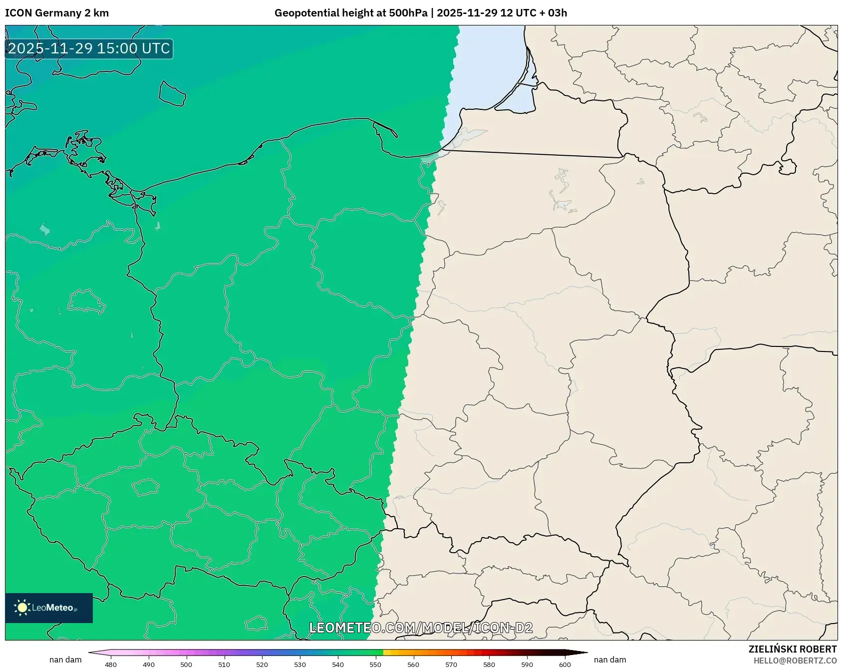 ICON Germany 2 km model - Poland, Geopotential height at 500hPa