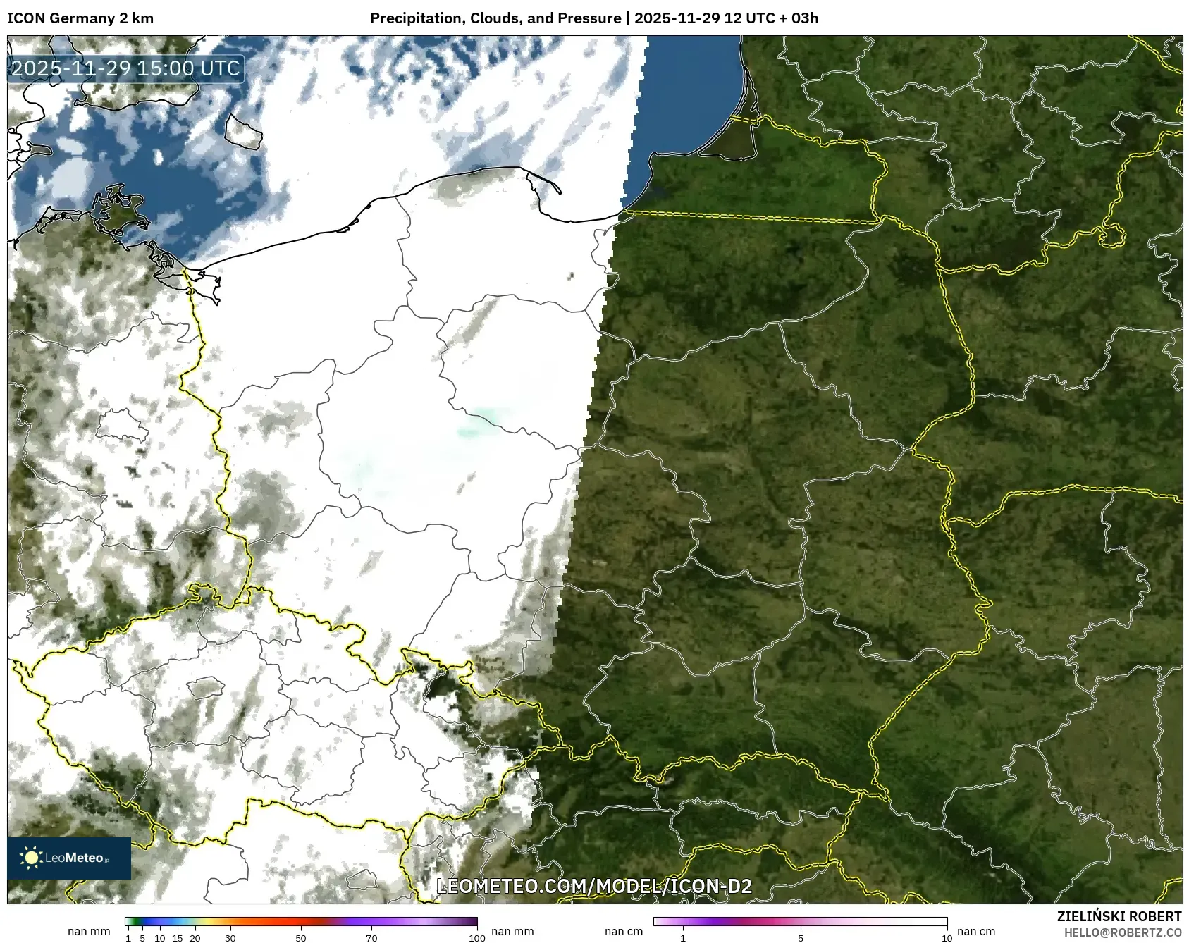 ICON Germany 2 km model - Poland, Precipitation, Clouds, and Pressure