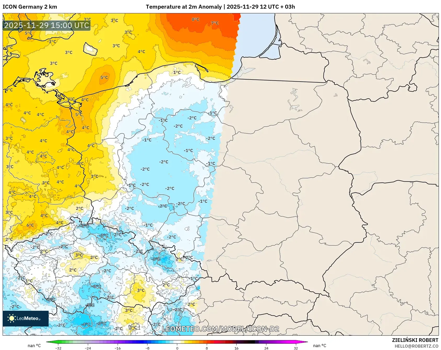 ICON Germany 2 km model - Poland, Temperature at 2m Anomaly