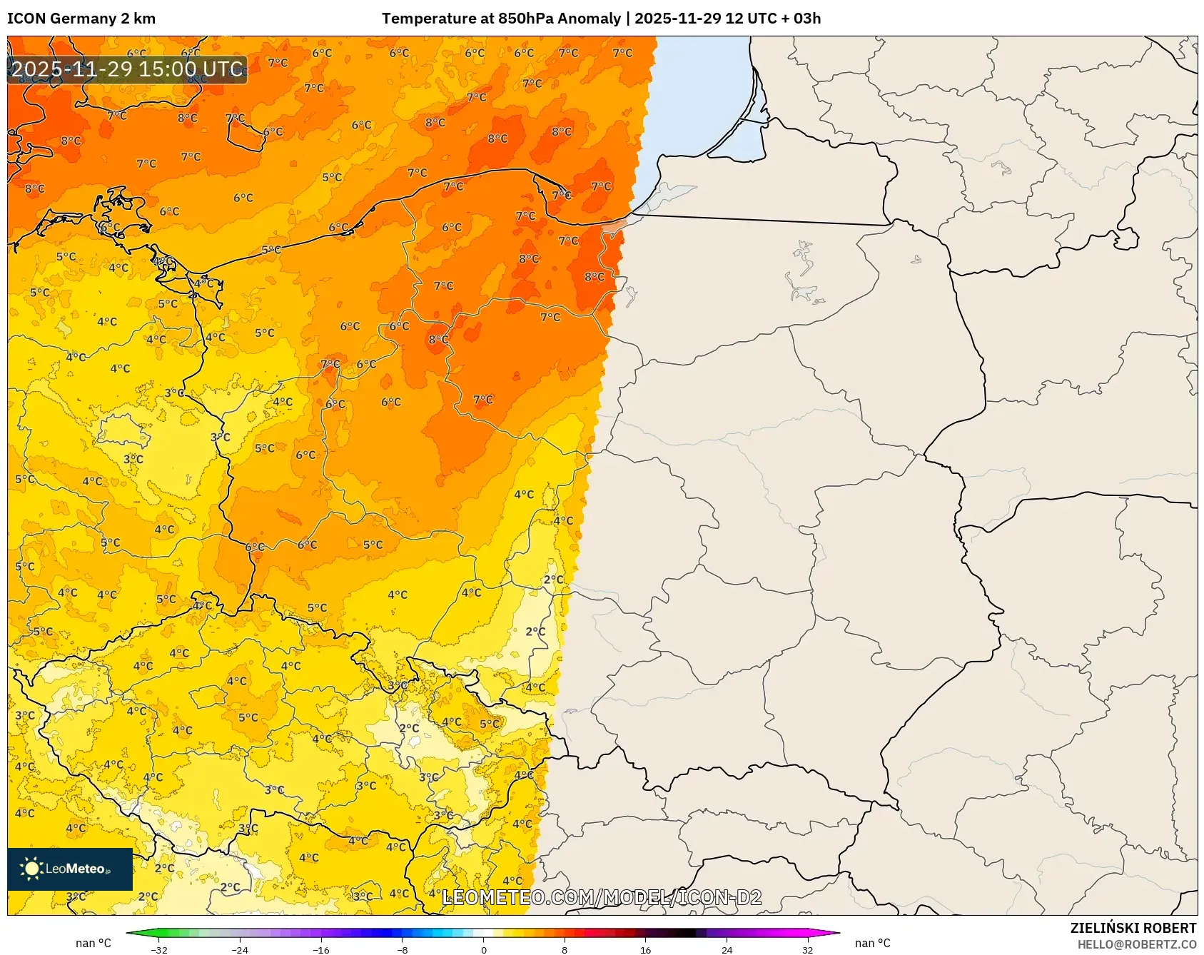 ICON Germany 2 km model - Poland, Temperature at 850hPa Anomaly