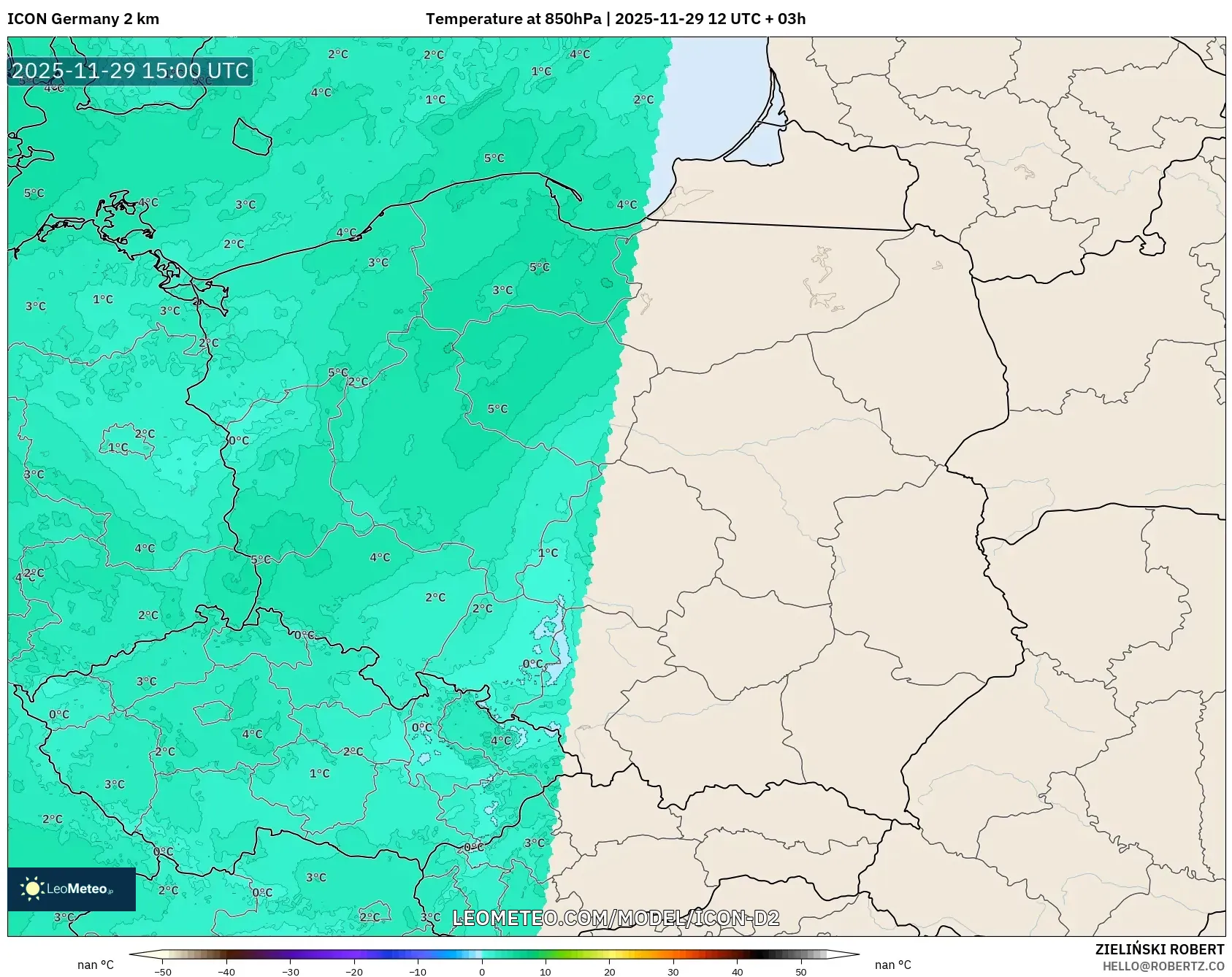 ICON Germany 2 km model - Poland, Temperature at 850hPa