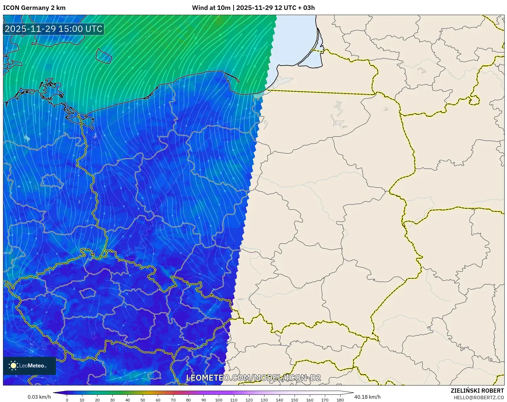 ICON Germany 2 km model - Poland, Wind at 10m