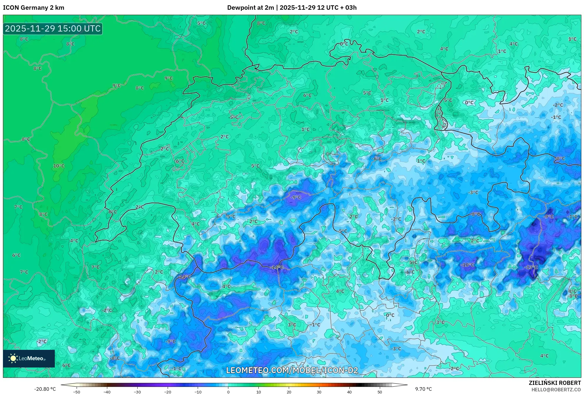 ICON Germany 2 km model - Switzerland, Dewpoint at 2m