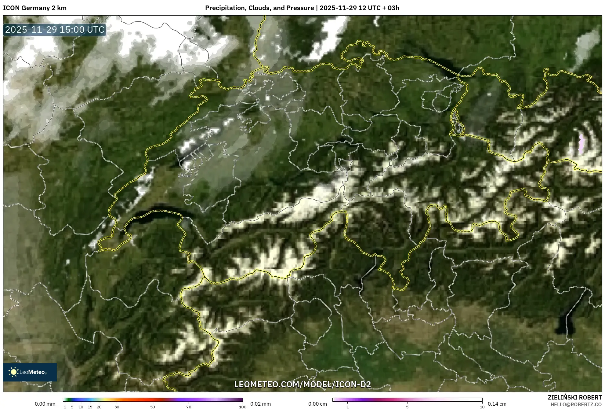 ICON Germany 2 km model - Switzerland, Precipitation, Clouds, and Pressure